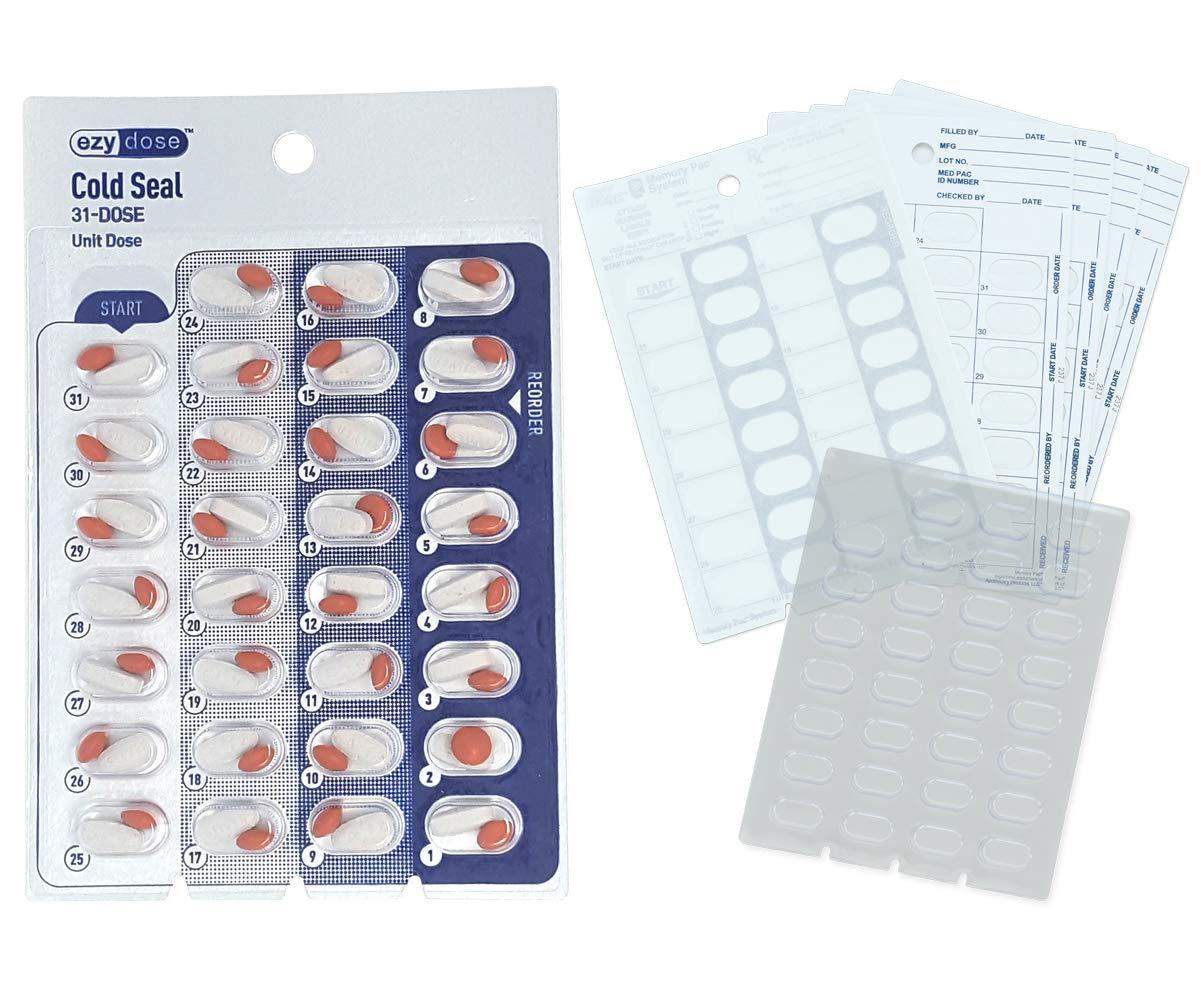Apothecary Medication Blister Pack Refill Set Cold Seal - Includes Blister Trays & Cold-Seal Cards - Pill Blister Sizes Regular or Jumbo Blisters (Monthly - Standard 1/2" Deep - 100 Pack)