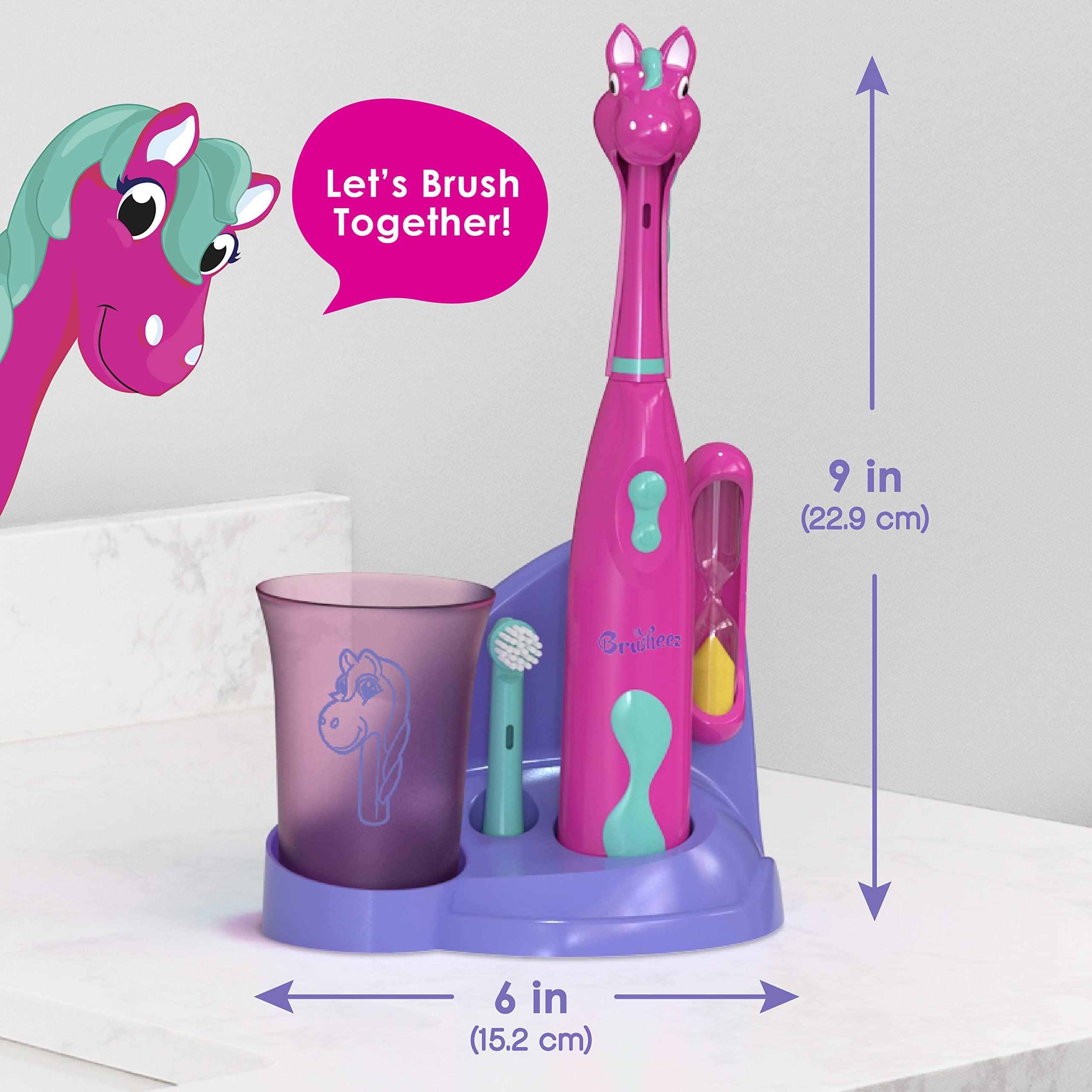 Brusheez Brusheez® Kids’ Electric Toothbrush Set - Safe & Effective for Ages 3+ - Parent Tested & Approved with Gentle Bristles, 2 Brush Heads, Rinse Cup, 2-Minute Timer, & Storage Base (Prancy The Pony)