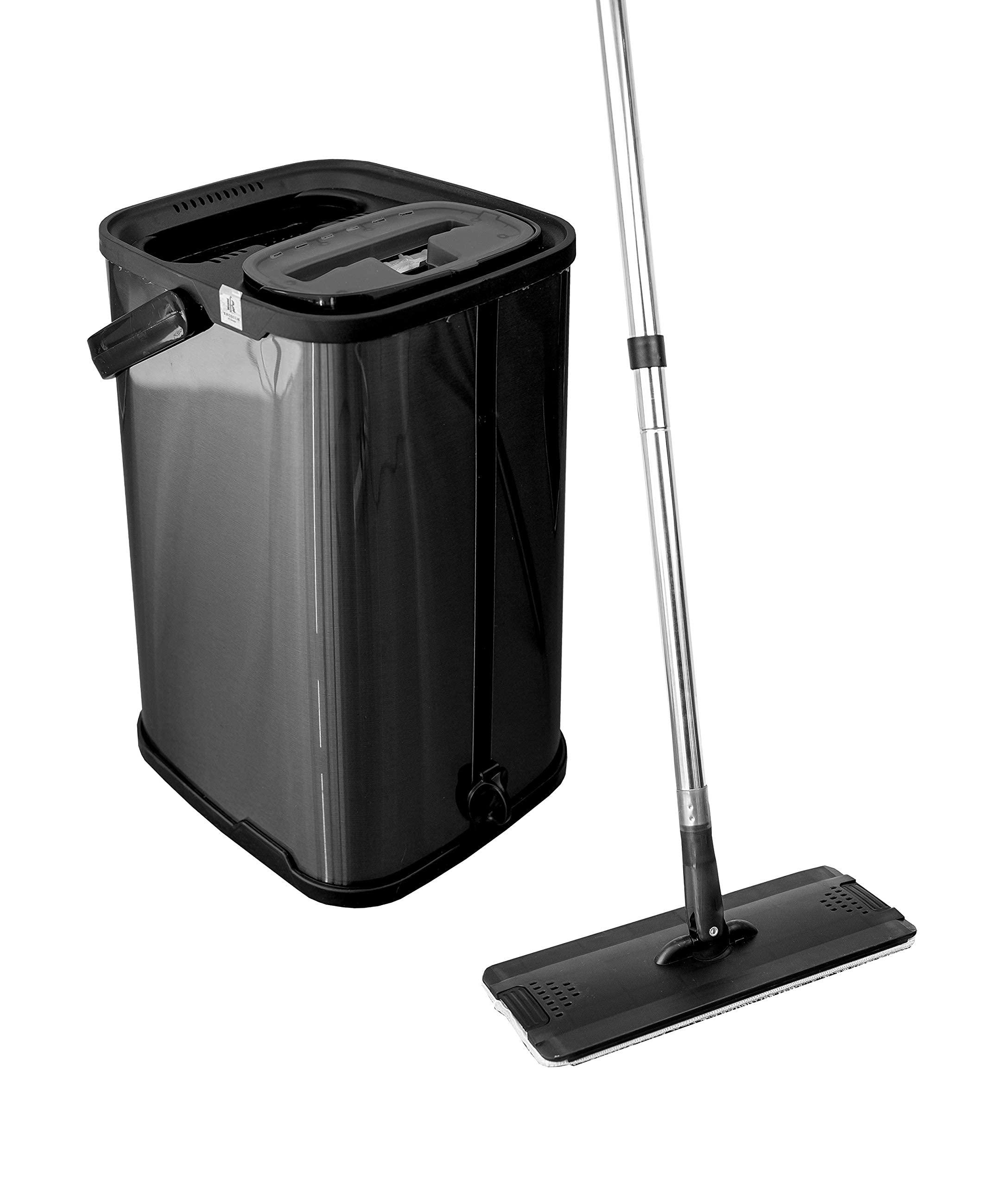 Rhodium Floors Black Flat Floor Mop and Bucket Set, Stainless Steel Bucket and Telescopic Handle, 2 Washable Mop Pads, Professional Home and Office Cleaner for All Types of Floors, Hardwood, Laminate, Tile