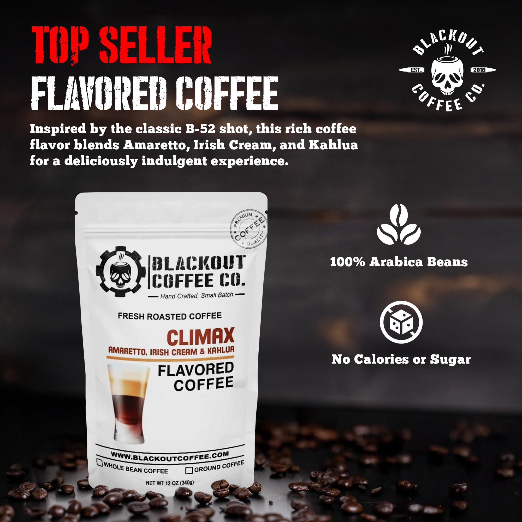 Blackout Coffee Co. Blackout Coffee Climax Amaretto, Irish Cream & Kahlua Flavored Ground Coffee, Medium Roast - Ground Coffee, Fresh Roasted In the USA,12 oz Pouch