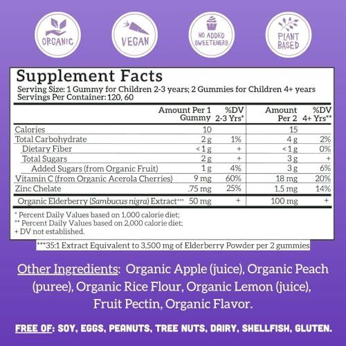 Llama Naturals Llama Naturals Real Fruit Sambucus Elderberry Gummies for Kids, No Added Sugar Cane, Vegan, Organic Toddler Immune Support, Zinc & Vitamin C Children 120 Count (2-4 Month Supply)
