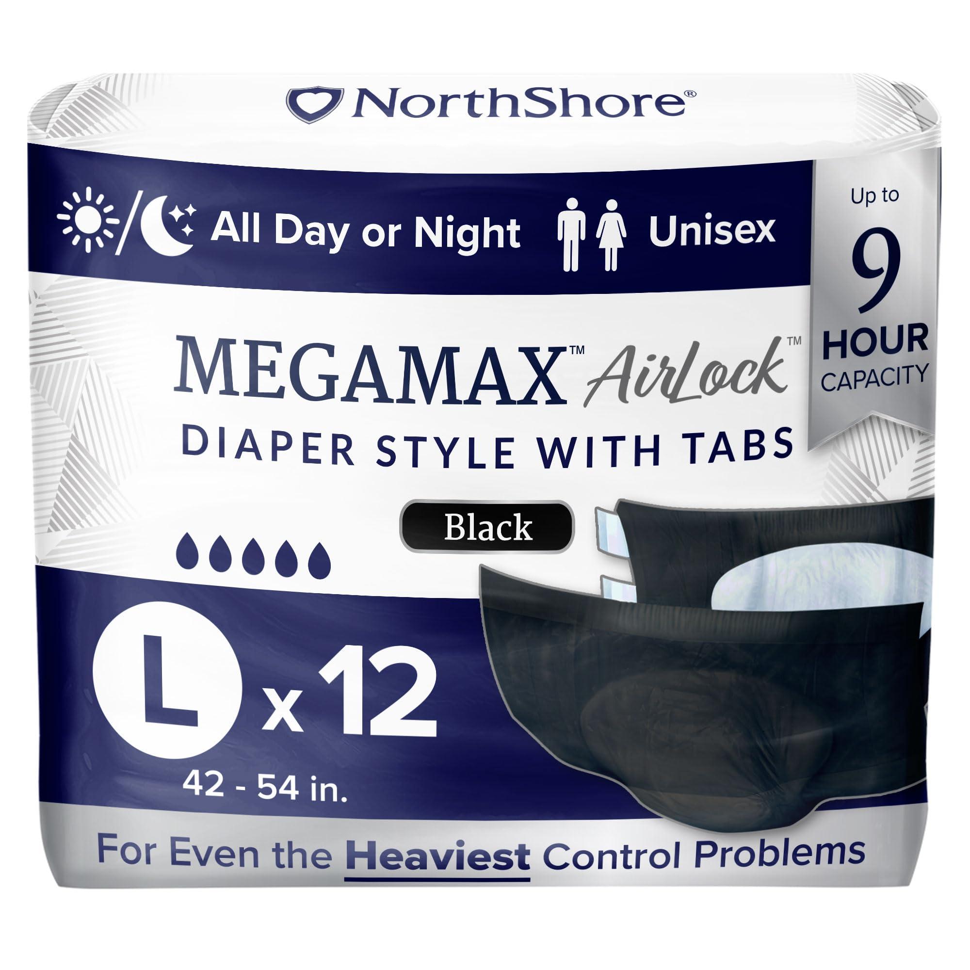 NorthShore NorthShore MegaMax AirLock Breathable 9-Hour Heavy-Duty Tab-Style Adult Diapers, Large, 12 Count Bag, Black, 42-54 inches, Unisex Incontinence Underwear