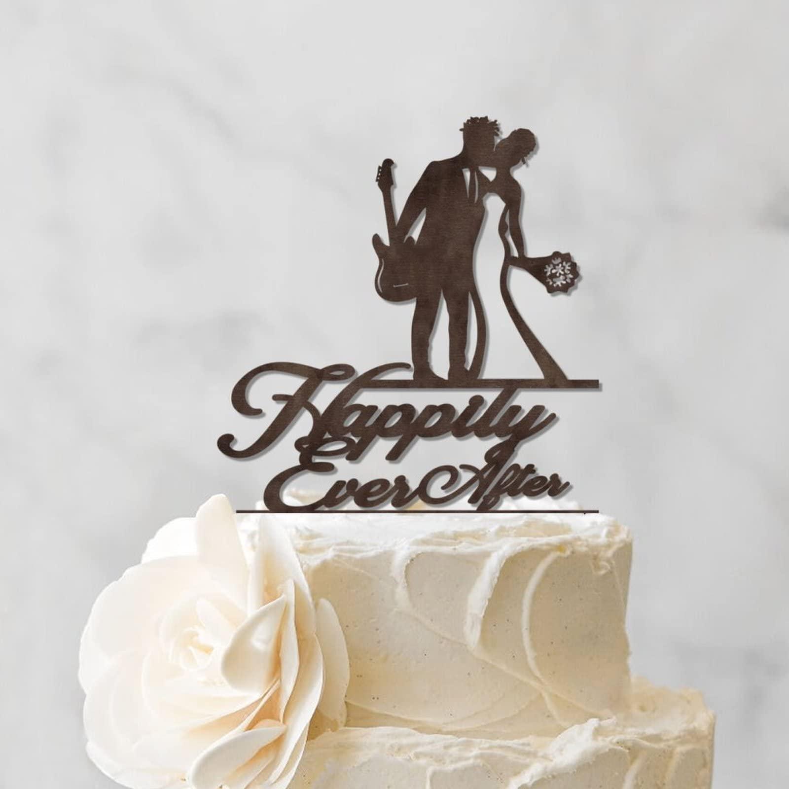 YJHLBHDIAN Silhouette Guitar Player African American Wedding Cake Topper Bride and Groom Personalized Cake Toppers Mr & Mrs Wedding Cake Toppers Couple Married Gift Personalized Cake Topper Wood Cake Topper