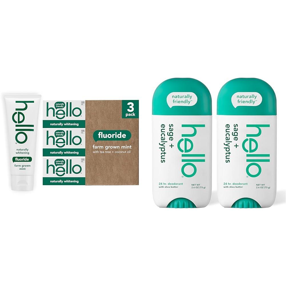 hello Hello Naturally Whitening Fluoride Toothpaste, Natural Peppermint Flavor and Tea Tree Oil & White Sage + Eucalyptus Deodorant with Shea Butter for Women + Men, Aluminum Free