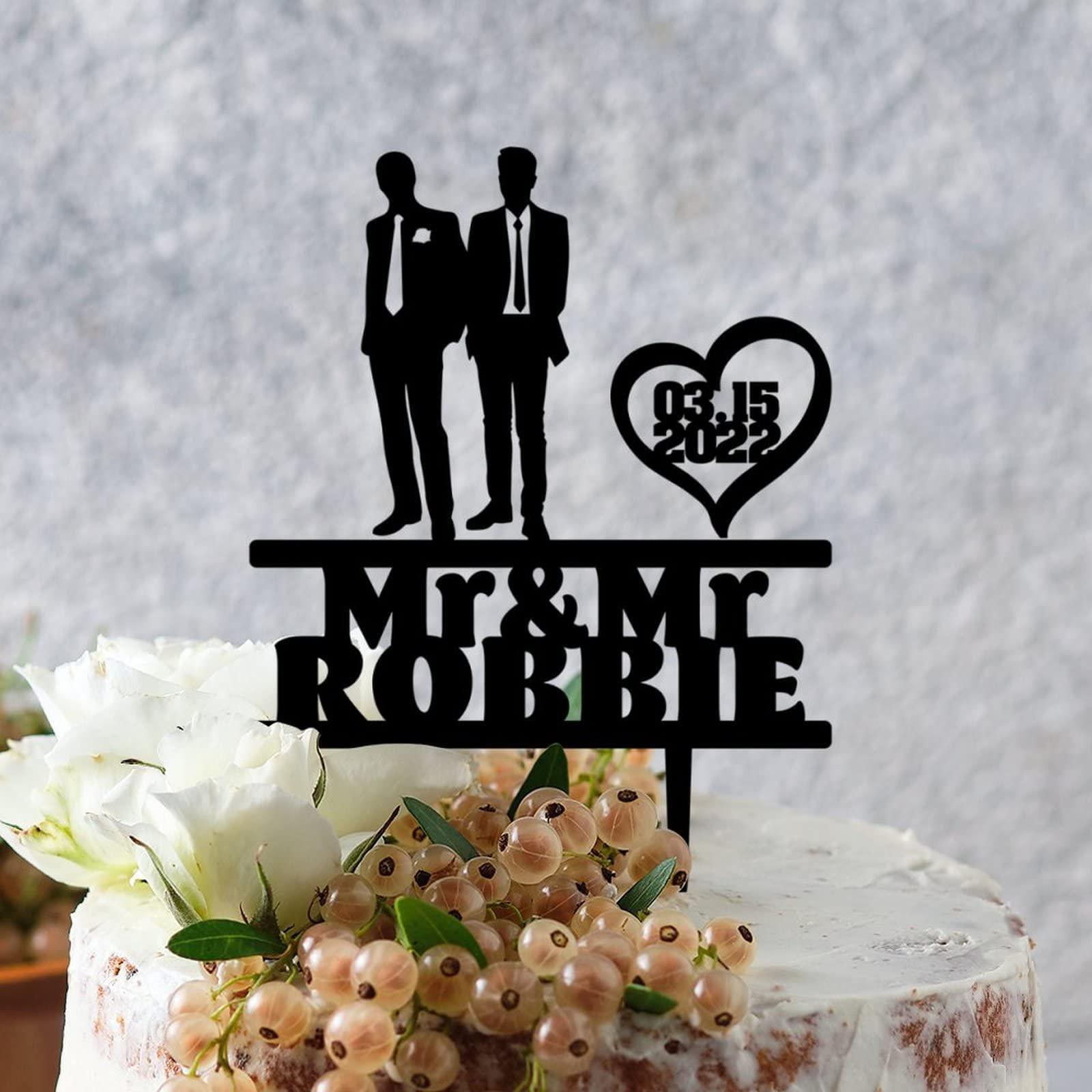 BYRON HOYLE Gay Cake Toppers Grooms Wedding Silhouette Same Sex Mr & Mr Rustic Wedding Cake Toppers with Heart Personalized LGBTQ Gay Rustic Cake Topper His And His Wedding Cake Decor LGBT Black Acrylic Topper
