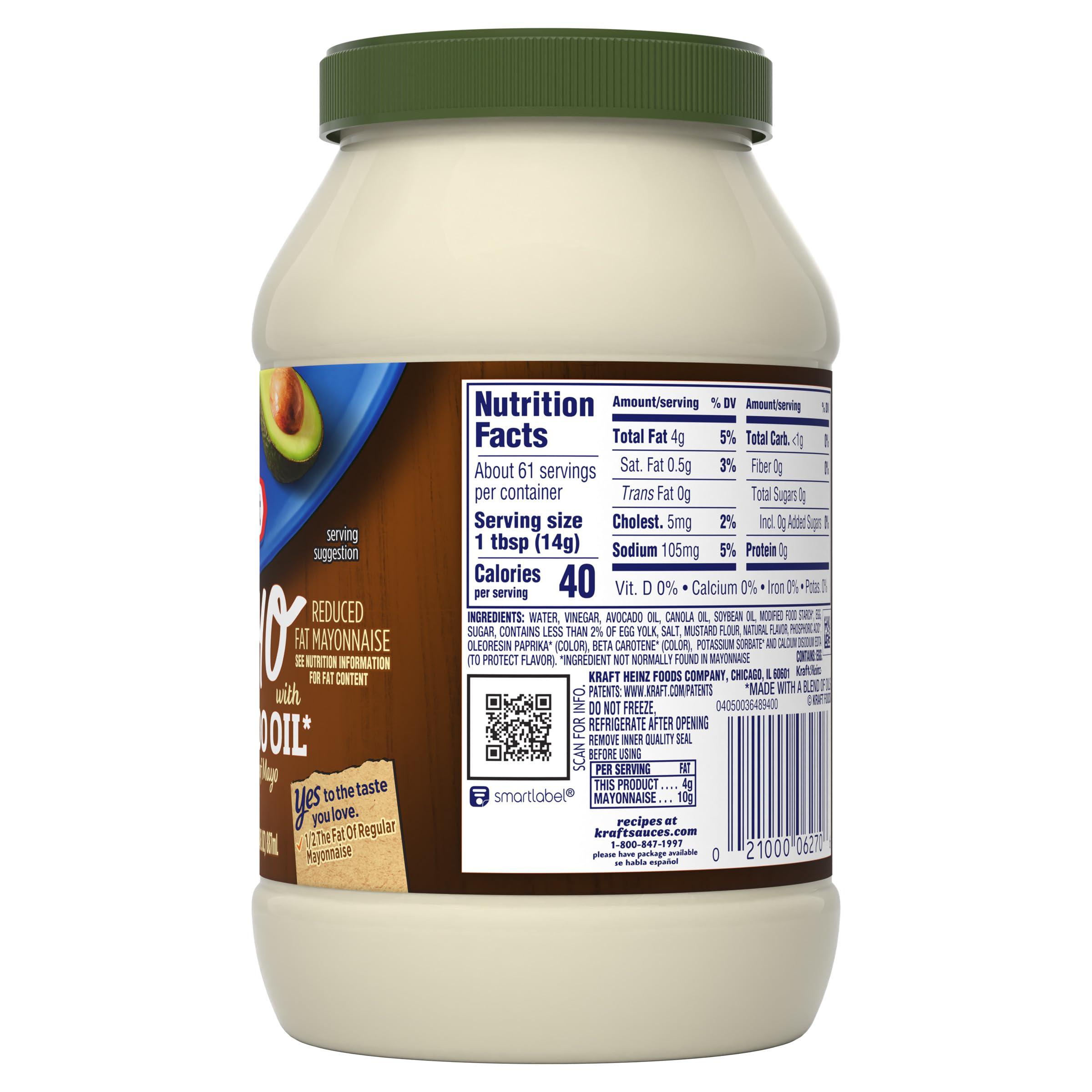 Kraft Kraft Mayo with Avocado Oil Reduced Fat Mayonnaise - Classic Creamy Condiment for Sandwiches and Salads, Made with Cage-Free Eggs, For a Keto and Low Carb Lifestyle, 30 fl oz Jar