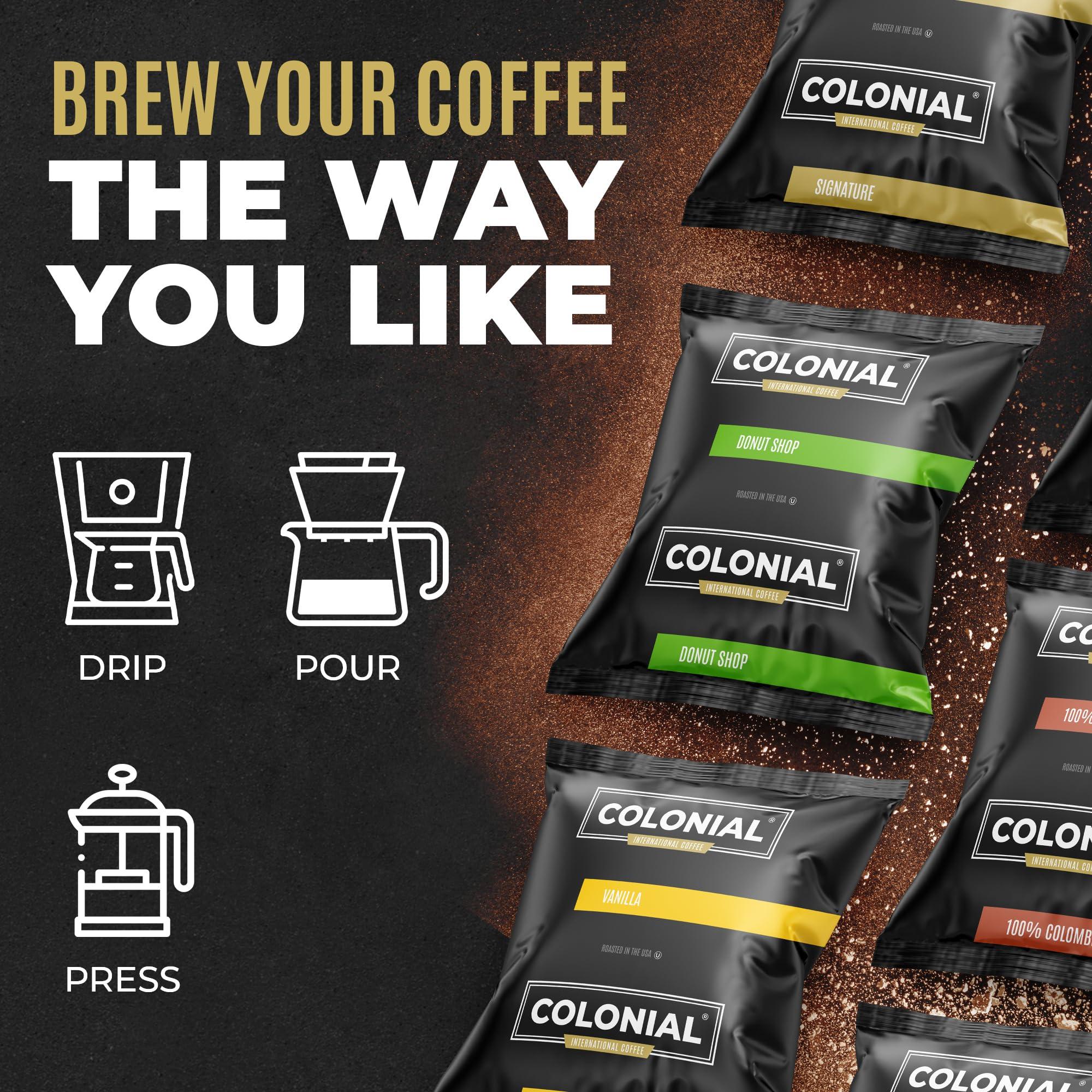 COLONIAL INTERNATIONAL COFFEE Colonial Coffee Packets, Pre Ground Coffee Packs, Assorted Variety Pack, Medium & Dark Roast Blends, Bulk Single Pot Bags for Drip Coffee Makers, (2.5 oz Bags, Pack of 12)