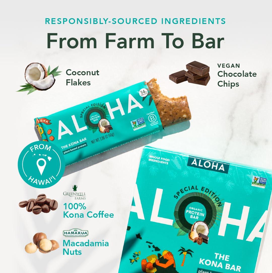 ALOHA ALOHA Organic Plant Based Protein Bars | The Kona Bar - Special Edition | 6 Count, 1.98oz Bars | Vegan, Low Sugar, Gluten Free, Paleo, Low Carb, Non-GMO, Stevia Free, Soy Free, No Erythritol