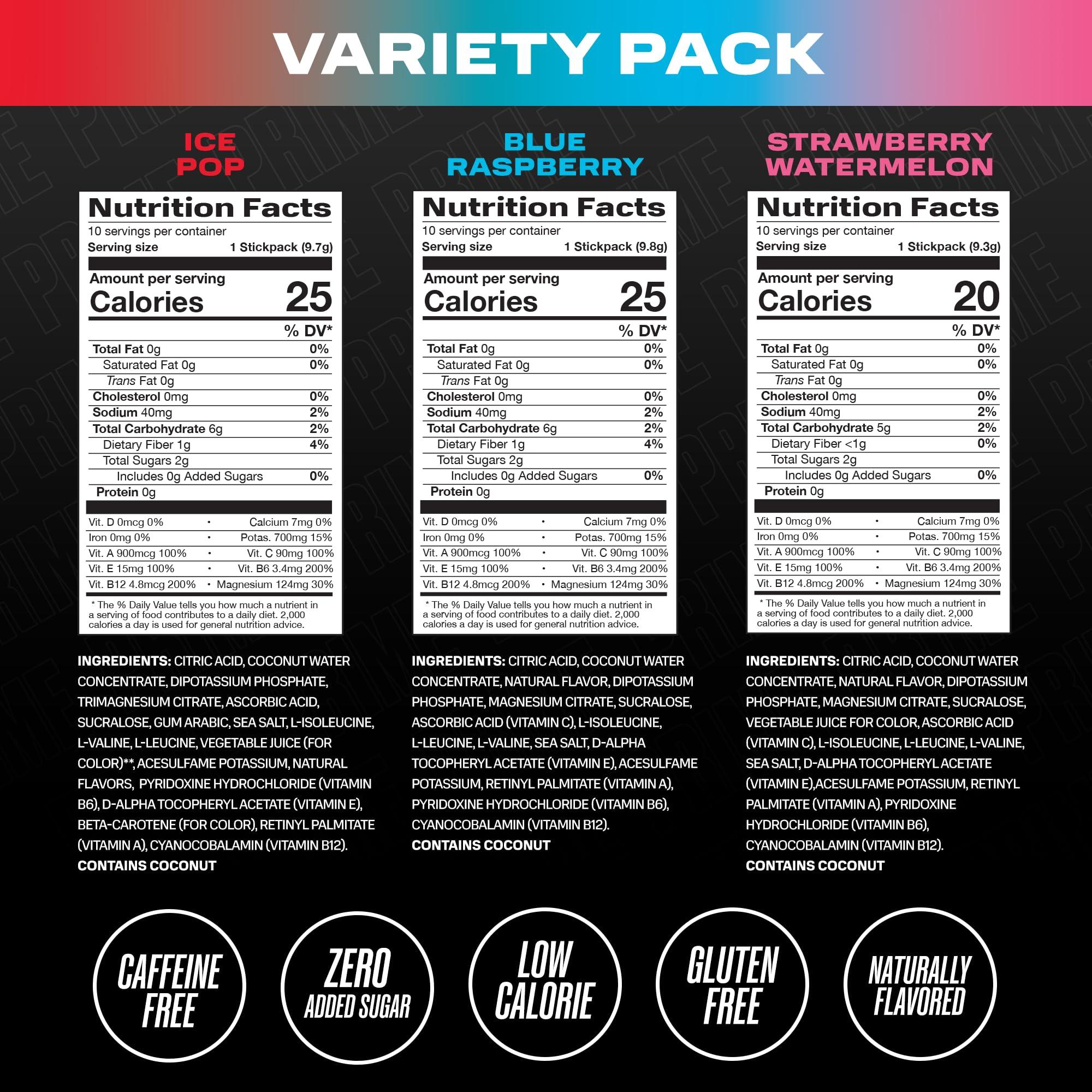 PRIME HYDRATION PRIME HYDRATION+ Sticks Variety Pack | Hydration Powder Single Serve Sticks | Electrolyte Powder On The Go | Low Sugar | Caffeine-Free | Vegan | 30 Sticks
