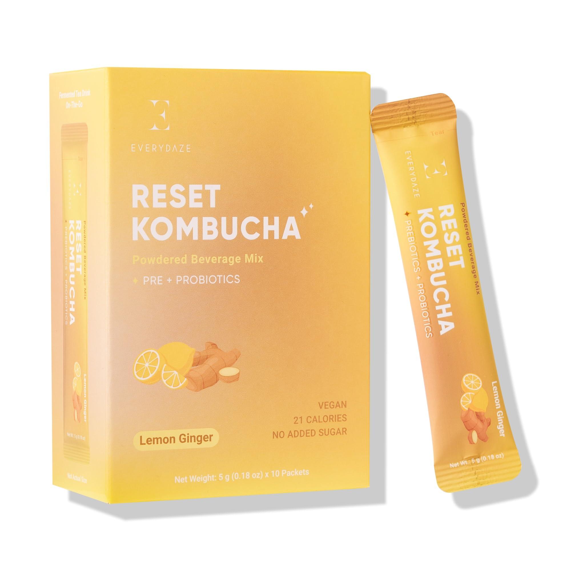 E EVERYDAZE Everydaze Reset Kombucha Tea Powdered Beverage Mix | 10 Sticks | Prebiotics + Probiotics | Vegan | No Added Sugar, Gluten Free, Sparkling Powder Drink Pack (Lemon Ginger)