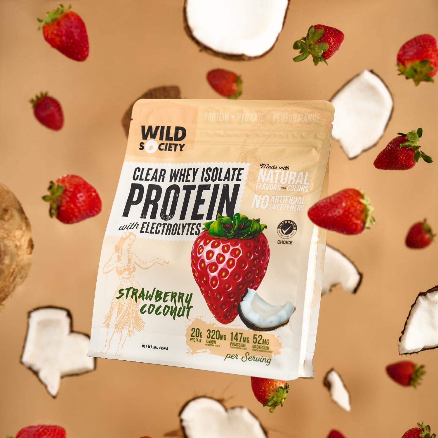 WILD SOCIETY WILD SOCIETY - Premium Clear Whey Protein + Electrolytes - Refreshing Whey Protein Isolate Powder - 20g Protein, 0 Added Sugar, GMO-Free, Natural Flavors & Colors - Strawberry Coconut, 16 oz