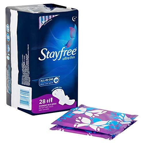 Stayfree Stayfree Ultra Thin Overnight Pads with Wings, For Women, Reliable Protection and Absorbency of Feminine Moisture, Leaks and Periods, 28 Count