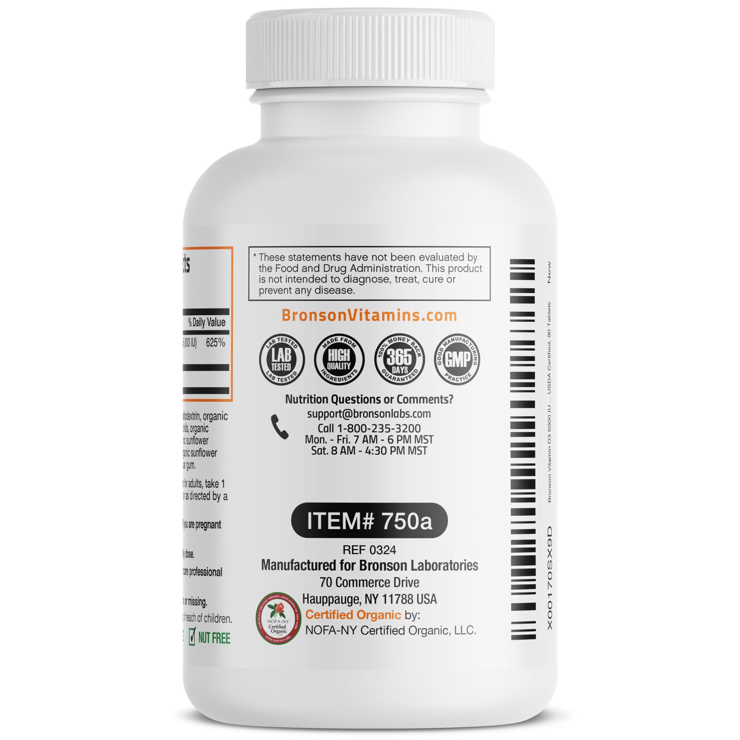 Bronson Vitamin D3 5000 IU Certified Organic Vitamin D Supplement, Non-GMO, USDA Certified, 90 Tablets