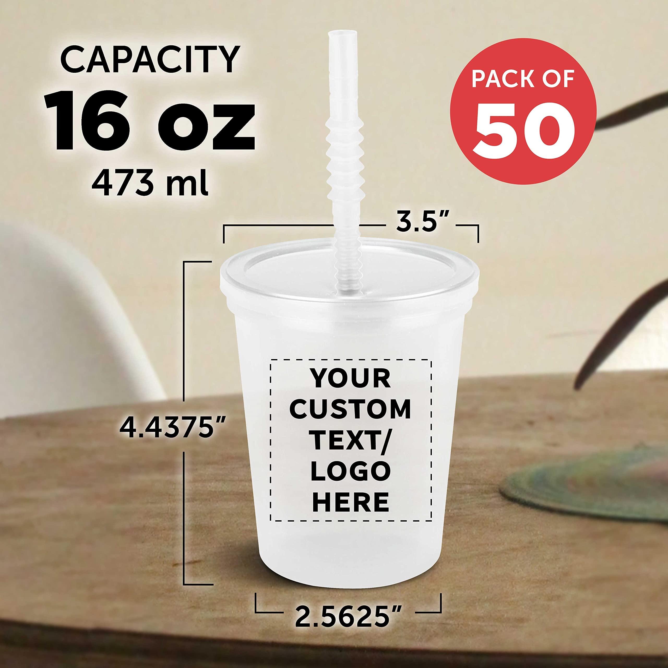 DISCOUNT PROMOS Custom Plastic Cups with Lid and Straw 16 oz. Set of 50, Personalized Bulk Pack - Perfect for Summer, Sporting Events, Birthdays, Weddings, Picnic, Beach, Parties - Clear
