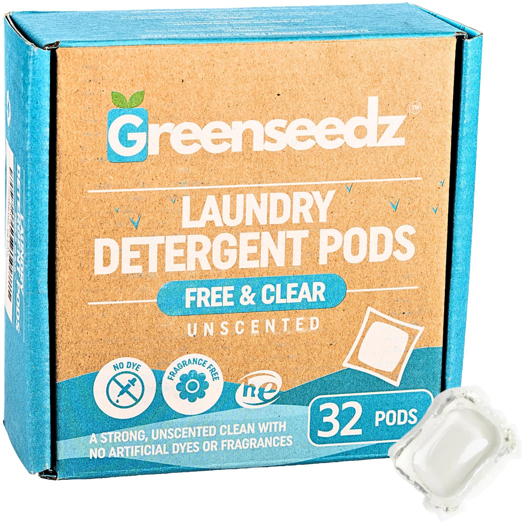 Greenseedz Greenseedz Free And Clear Eco Friendly Unscented Laundry Detergent Pods, 32 Pacs, Powerful Stain And Odor Removal, Biodegradable and HE Compatible