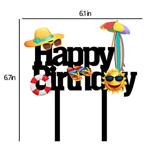 MUJUPOWL Funny Summer Happy Birthday Cake Topper Cartoon Beach Party Theme Happy Birthday Cake Topper for Kid's Adults Seaside Birthday Cake Topper (Beach)