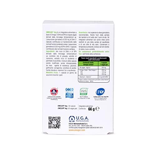 OMEGOR Omegor Veg Omega-3 Vegan (60 Capsules) Plant-Based Omega-3 Derived from Algal Oil, Enriched with Vitamin E Contains 250mg DHA and 125mg EPA per Capsule IFOS and Vegan Society Certified