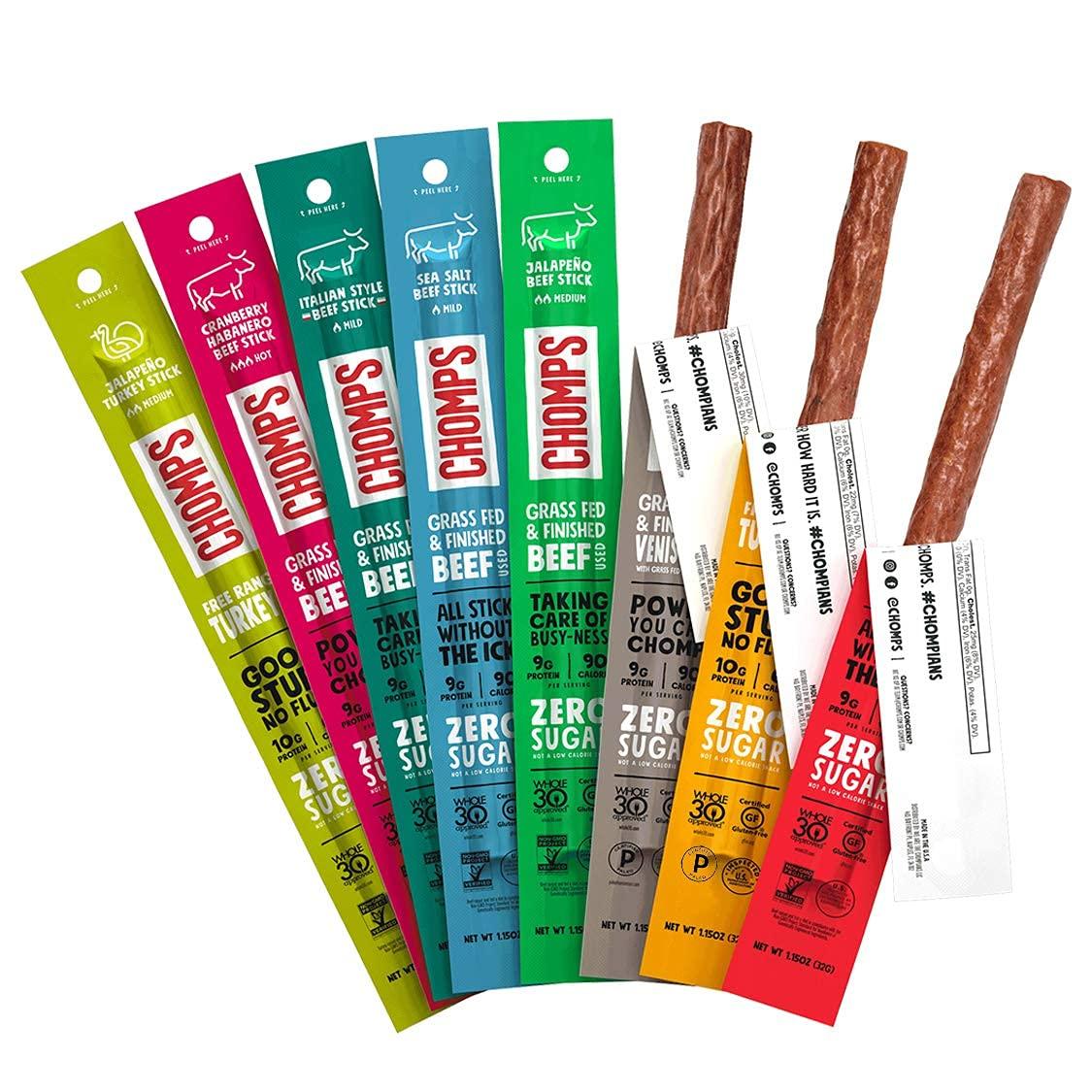 Chomps Chomps Variety Trial Pack, Grass Fed and Free Range Beef & Turkey Sticks, 8 Flavor Pack - Keto, Paleo, Whole30