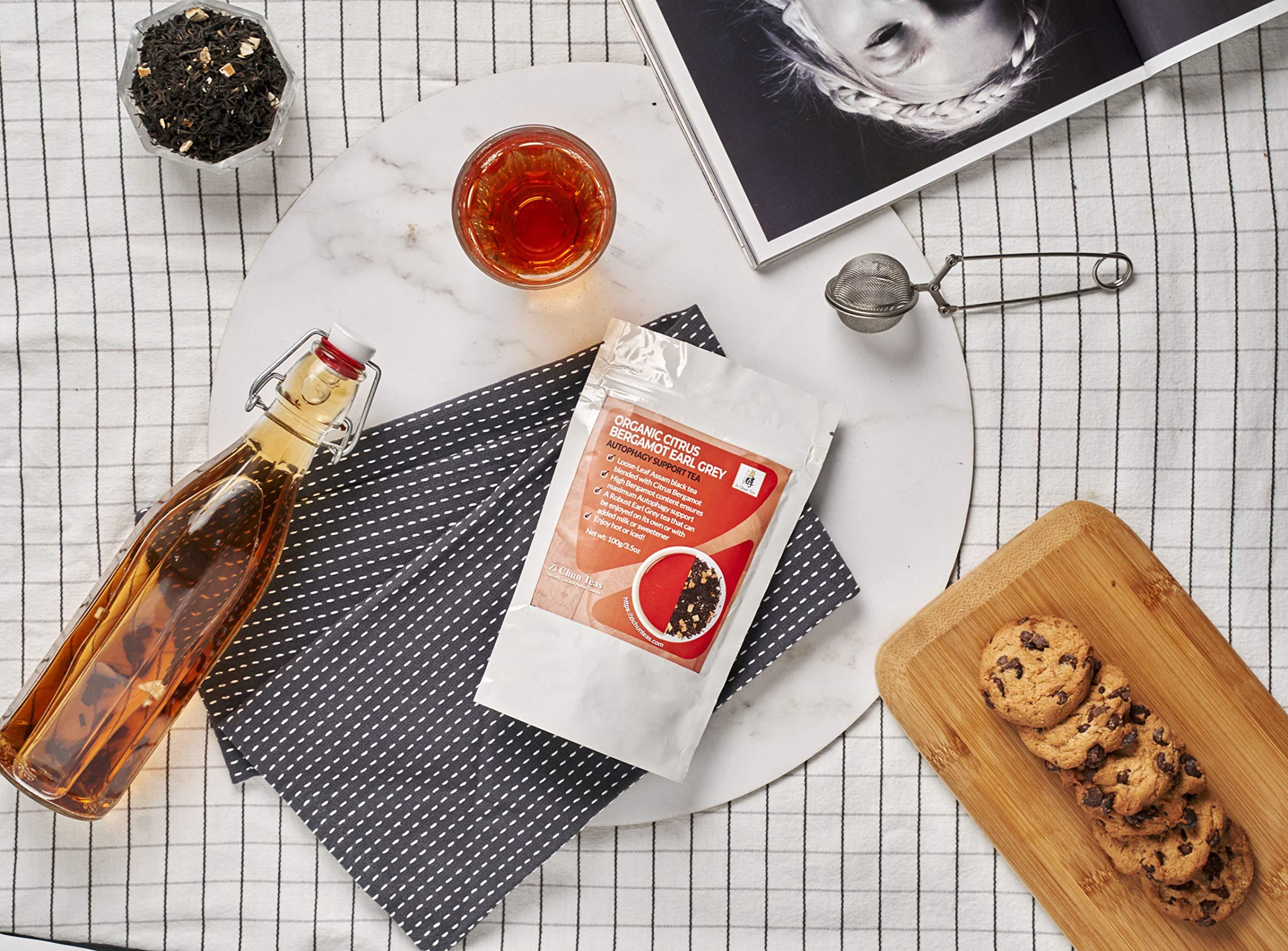 Zi Chun Tea Organic Citrus Bergamot Earl Grey Tea : Loose Leaf Autophagy Tea with Extra Bergamot pieces Not your Regular Earl Grey : A Full 30% Citrus Bergamot - 3.5 ounces