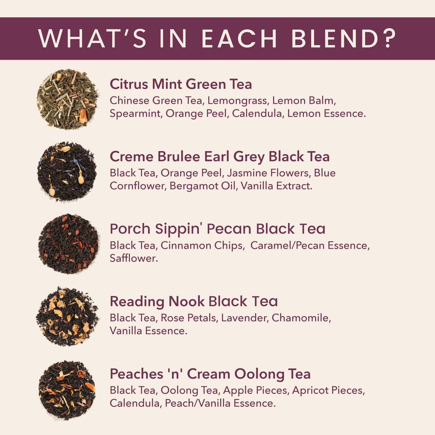 Plum Deluxe Plum Deluxe Variety Pack - Premium Loose Leaf Tea Sampler with Caffeine, Creme Brulee Earl Grey, Citrus Mint Green, Peaches & Cream Oolong, Pecan Black & Floral Black