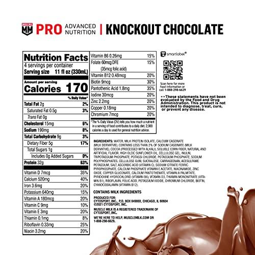 Muscle Milk Muscle Milk Pro Advanced Nutrition Protein Shake, Knockout Chocolate, 11 Fl Oz Carton, 12 Pack, 32g Protein, 1g Sugar, 16 Vitamins & Minerals, 5g Fiber, Workout Recovery, Packaging May Vary