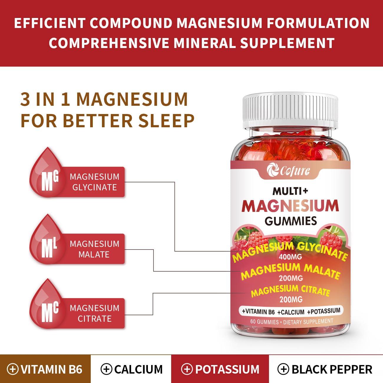 Cofure Triple Magnesium Complex 900 mg, Magnesium Glycinate, Citrate, Malate with Potassium, Calcium, Vitamin B6 for Calm & Sleep - Vegan, Non-GMO, Gluten Free - 60 Raspberry Gummies for Adults