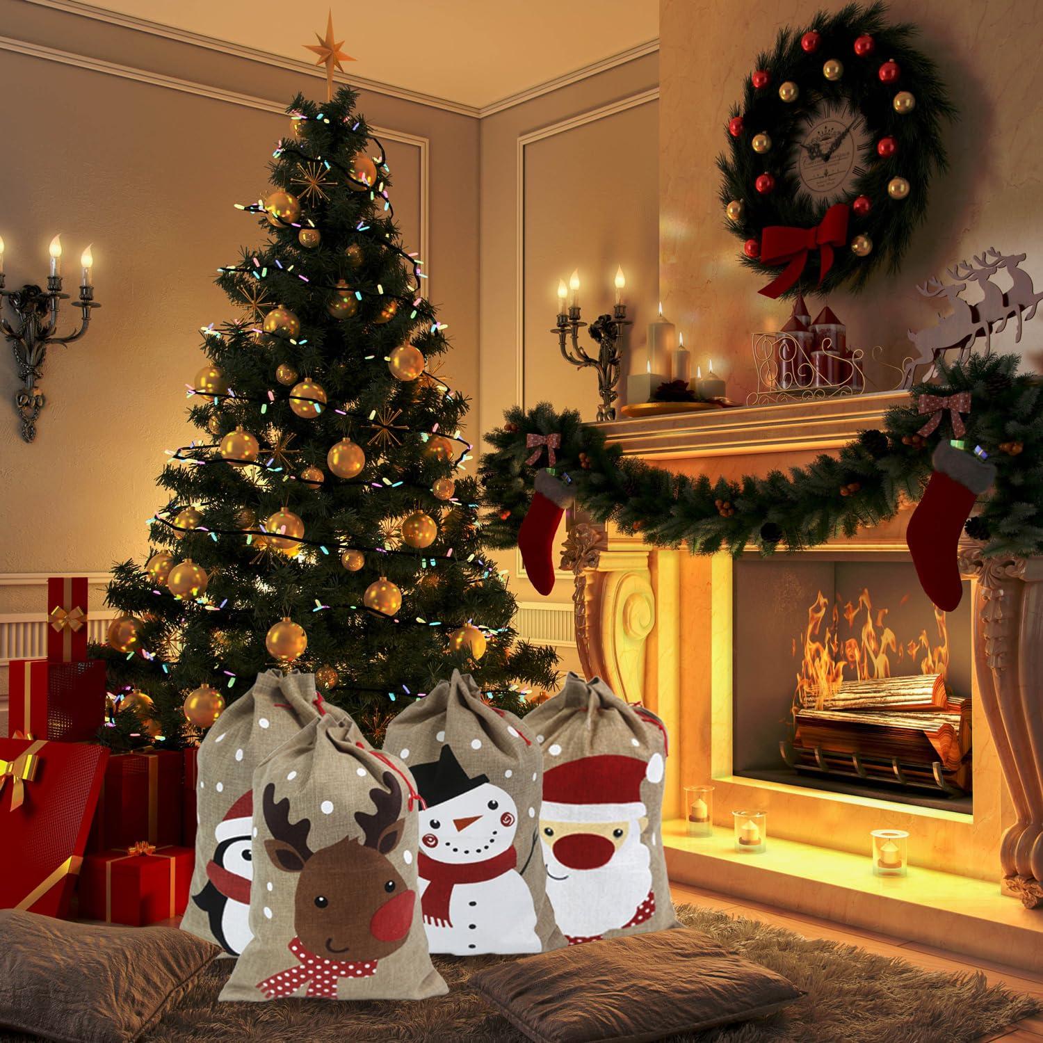 Hooin Christmas Sacks (13.8‘’ x 19.7‘’ Medium Size) – Pack of 4 Drawstring Goody Gift Bags for Christmas Treats 4 Designs Santa Snowman Reindeer Penguin