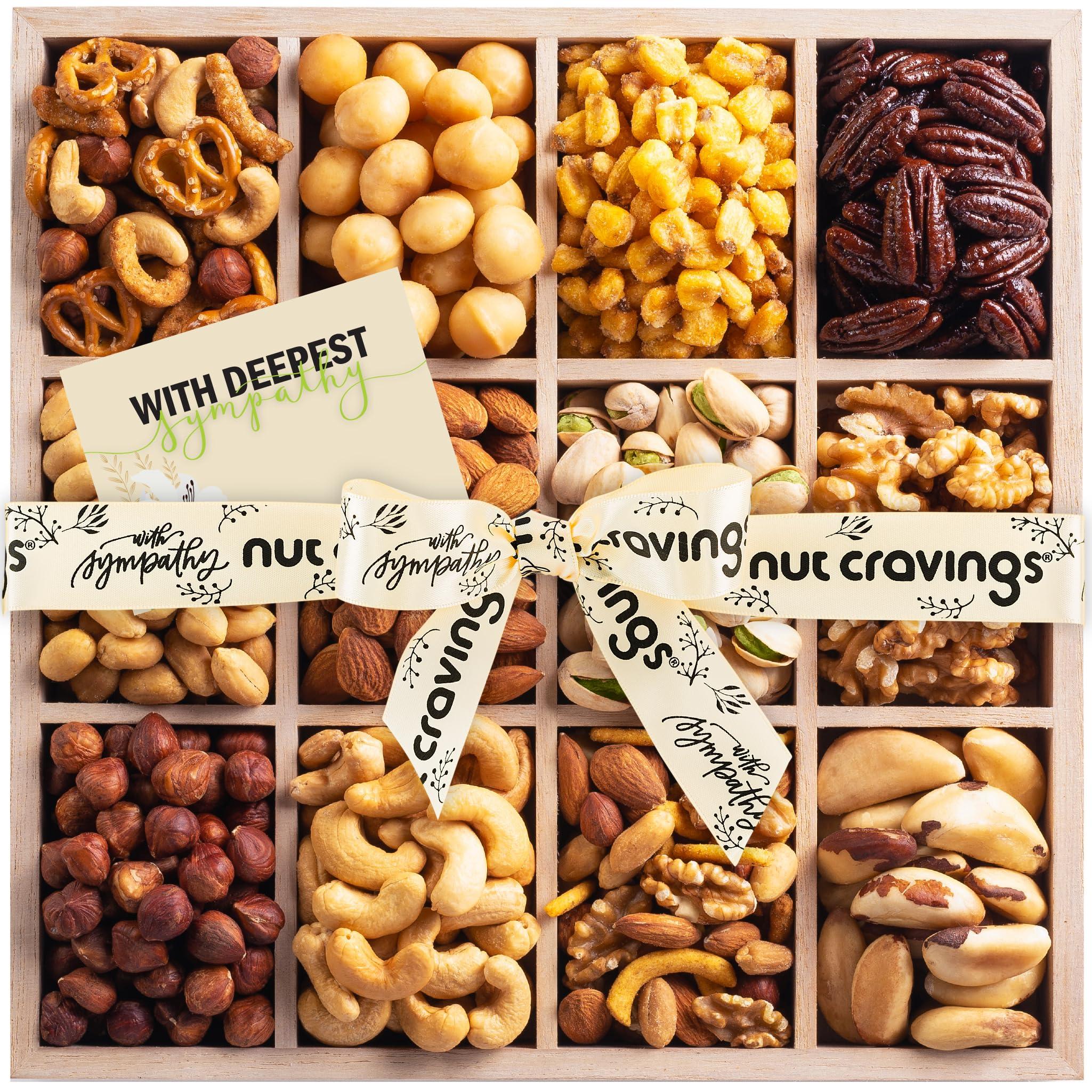 Nut Cravings NUT CRAVINGS Gourmet Collection - Sympathy Nuts Gift Basket with Sympathy Ribbon + Greeting Card in Reusable Wooden Tray (12 Assortments) Food Platter Condolence Care Package