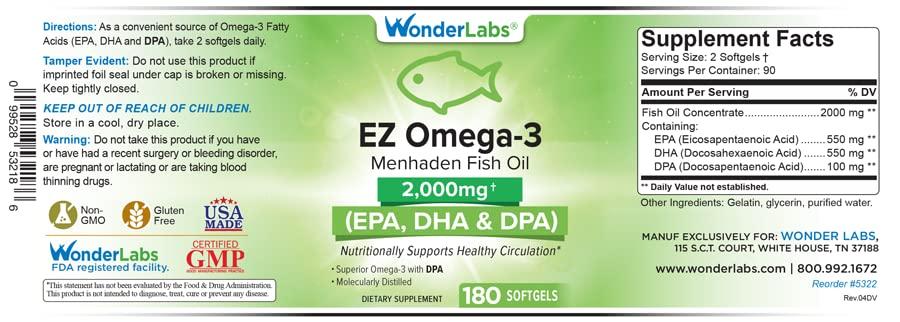 Wonder Laboratories Wonder Laboratories EZ Omega-3 Atlantic Menhaden Fish Oil Supplement 2000 mg, Burpless, Made in The USA, Perfect Balance of EPA+ DHA + DPA 180 Softgels