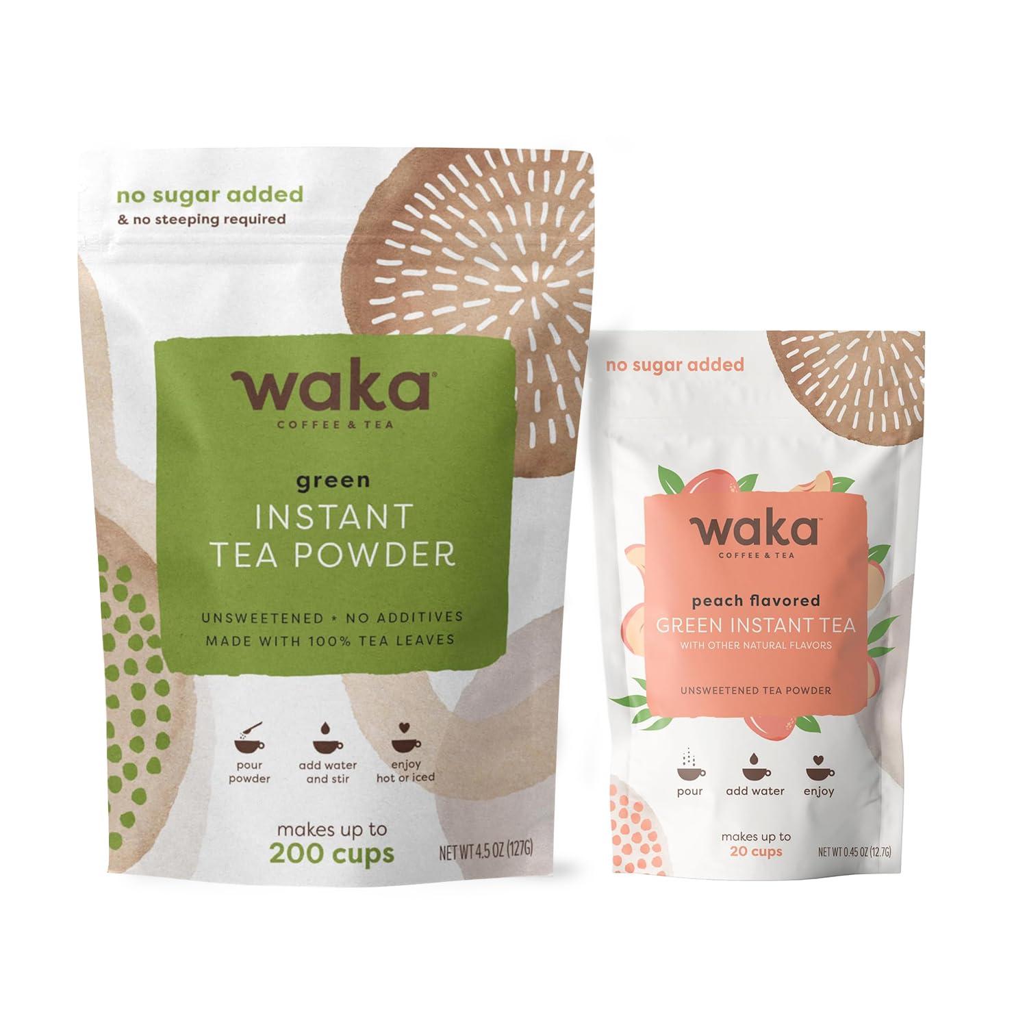 Waka Coffee Waka Premium Instant Tea No Sugar Added & Unsweetened Green Tea (200 Cups) & Peach Flavor (20 Cups)