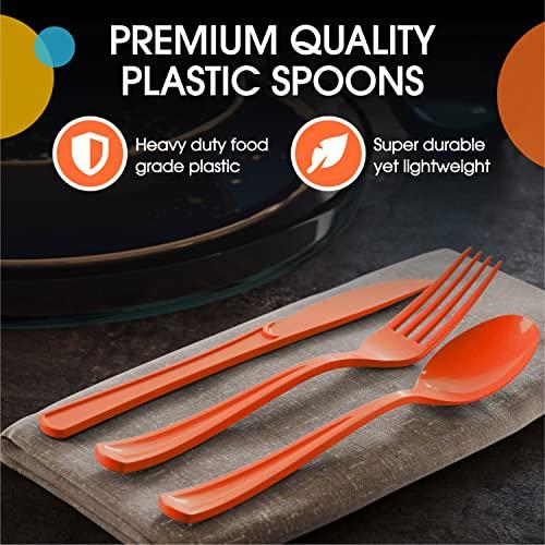 Exquisite Disposable Orange Plastic Spoons 50 Pcs - Heavy Duty Orange Plastic Disposable Cutlery - Orange Disposable Flatware, Orange Plastic Silverware, Plastic Spoons Orange Exquisite