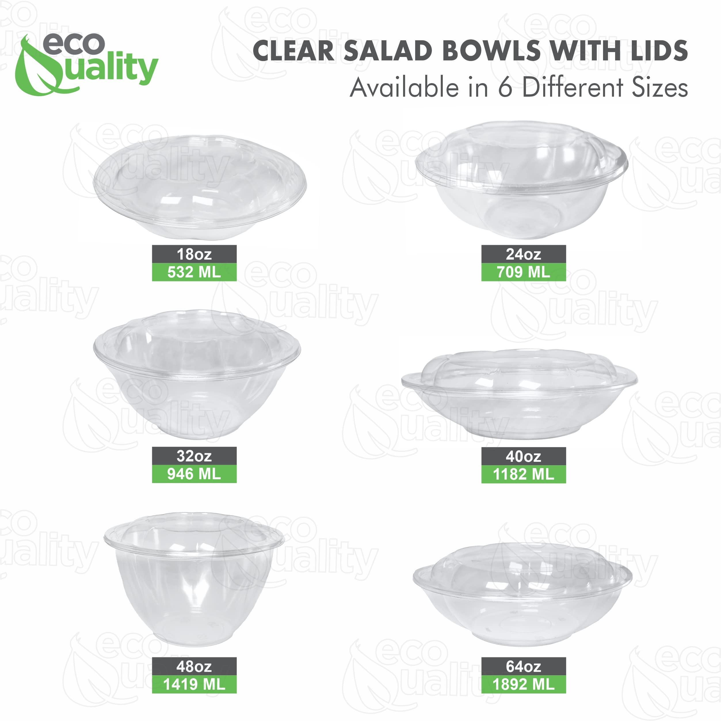 EcoQuality 64oz Salad Bowls To-Go with Lids - Crystal Clear Plastic Disposable Wide Salad Containers | Airtight, Lunch, Salads, Parfait, Fruits, Leak Proof, Airtight, Fresh, Meal Prep | Rose Bowl Container (75)