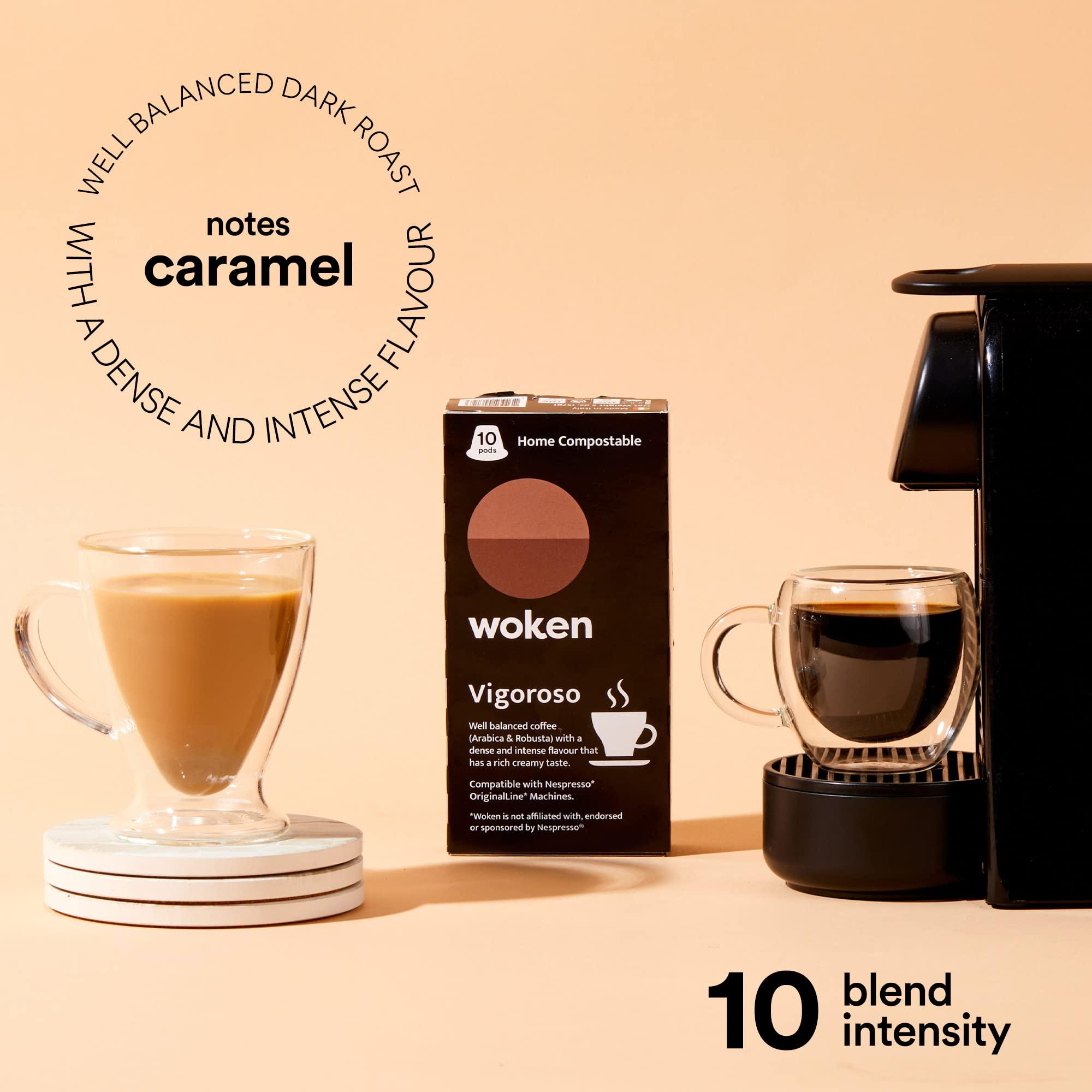 Woken. It\'s a fix WOKEN COFFEE Compostable Nespresso Pods - Vigoroso Dark Roast Italian Espresso Coffee Capsules Compatible With Nespresso Coffee Machine (40 Pod Count, 4 Boxes)