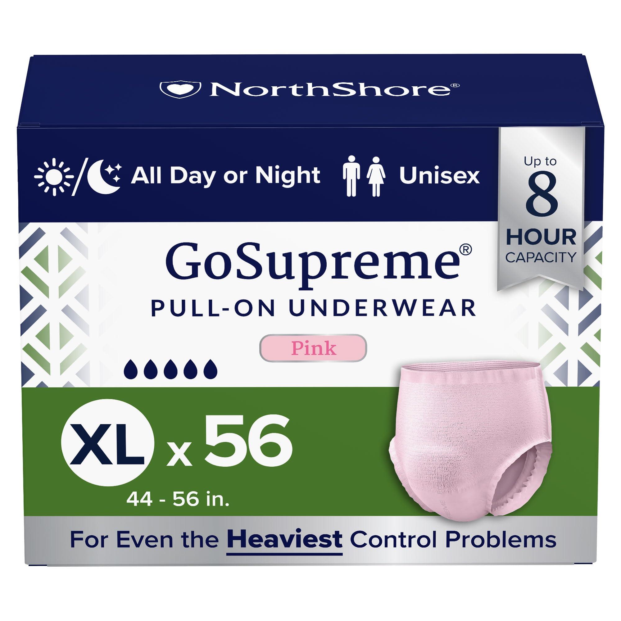NorthShore NorthShore GoSupreme Overnight Incontinence Underwear, 8-Hour Pullup Style, X-Large, 56 Count Case, Pink, 44-56 inches, Unisex Adult Diapers