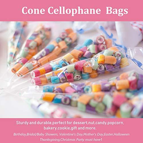 Morepack Cone Cellophane Bags,200 PCS 6.3\"x11.8\" Cello Clear Cone Shaped Treat Bags with Twist Ties, Plastic Cone Bags Triangle Bags for Popcorn Favor Candy