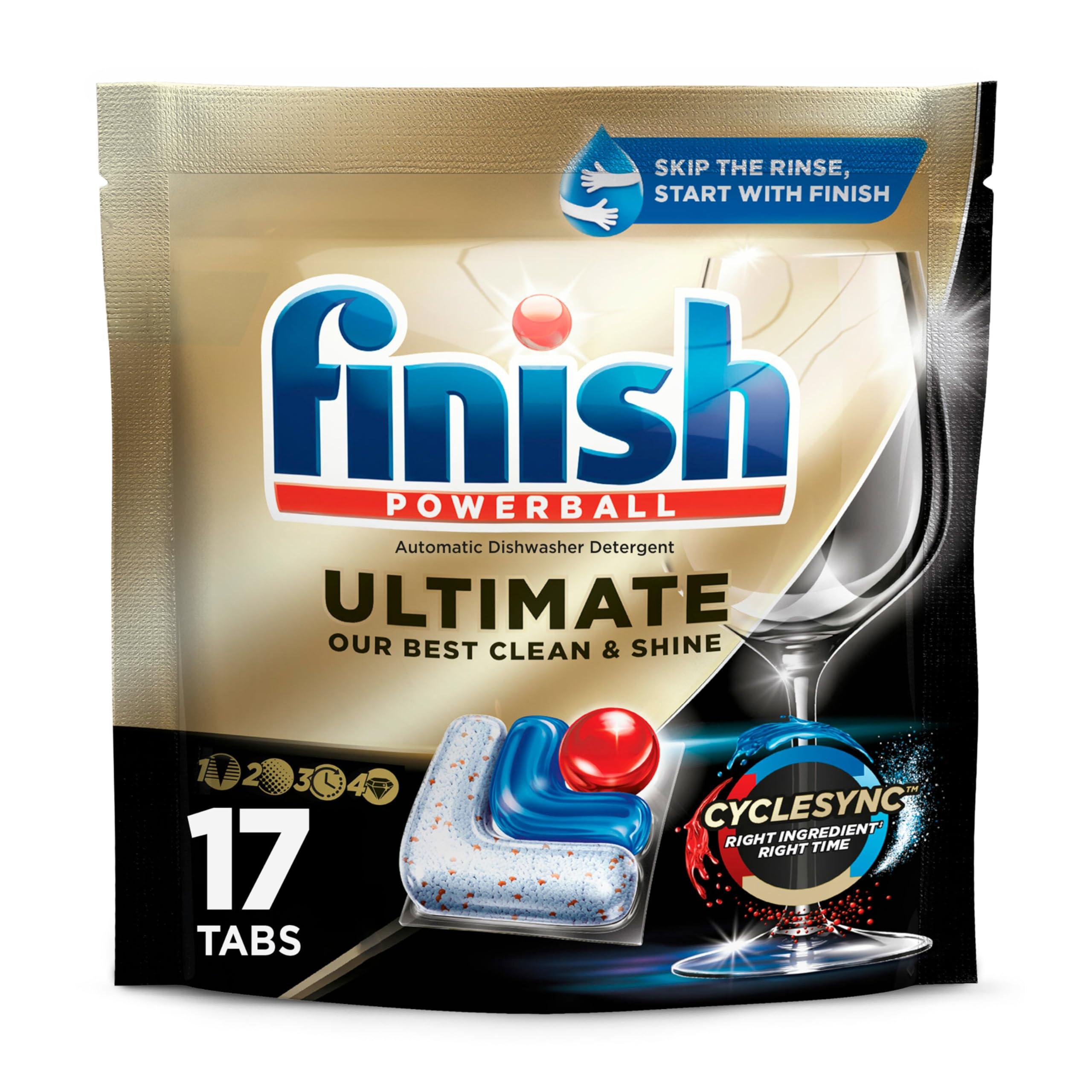 Finish Finish Ultimate Dishwasher Tabs, No Pre-Rinse Dishwasher Detergent Soap Removes Burnt-On Stain, with CycleSync Technology, Degreasing & Scrubbing Power, 17 Count