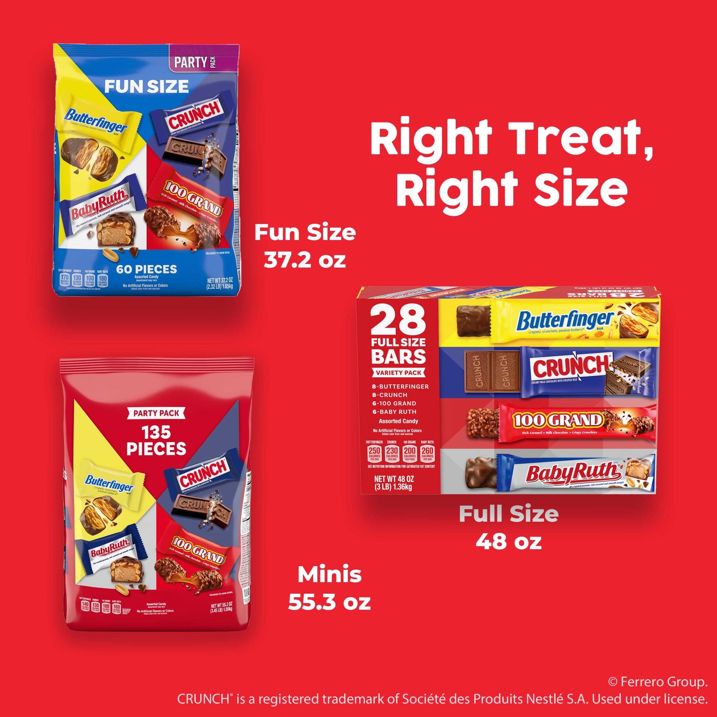 Butterfinger Butterfinger, CRUNCH, Baby Ruth and 100 Grand, Bulk 60 Pack, Assorted Fun Size Chocolate Candy Bars, Stocking Stuffers, 37.2 oz