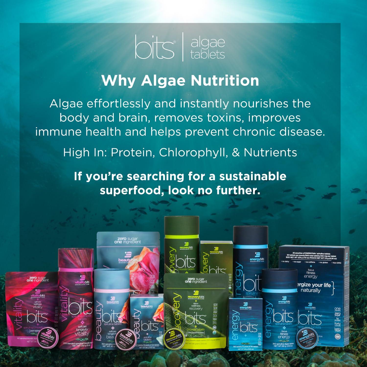 ENERGYBITS ENERGYbits - Organic Spirulina Tablets - Plant-Based Algae Superfood - for Focus, Fitness, Energy - Plant Protein - Gluten Free - Collagen, Vitamin B12, Omega 3 - Keto & Vegan - 900 Algae Tablets