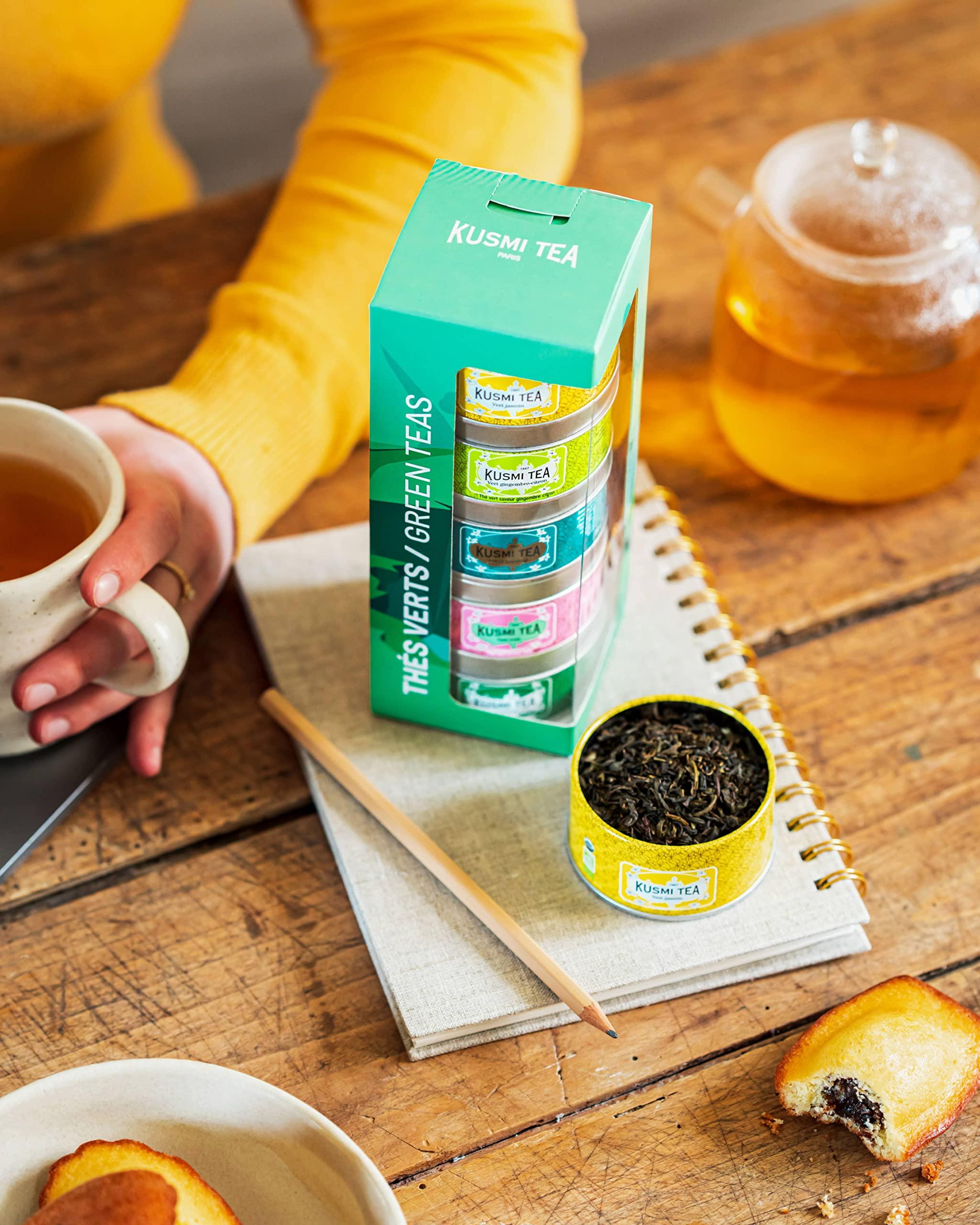 KUSMI TEA Kusmi Tea - Organic Green Tea Variety Box - Gift Idea for Men and Women - Spearmint Green Tea, Jasmine Tea - A Selection of 5 Iconic Flavors - Loose Leaf Tea - 5 Tins of 0,9 oz