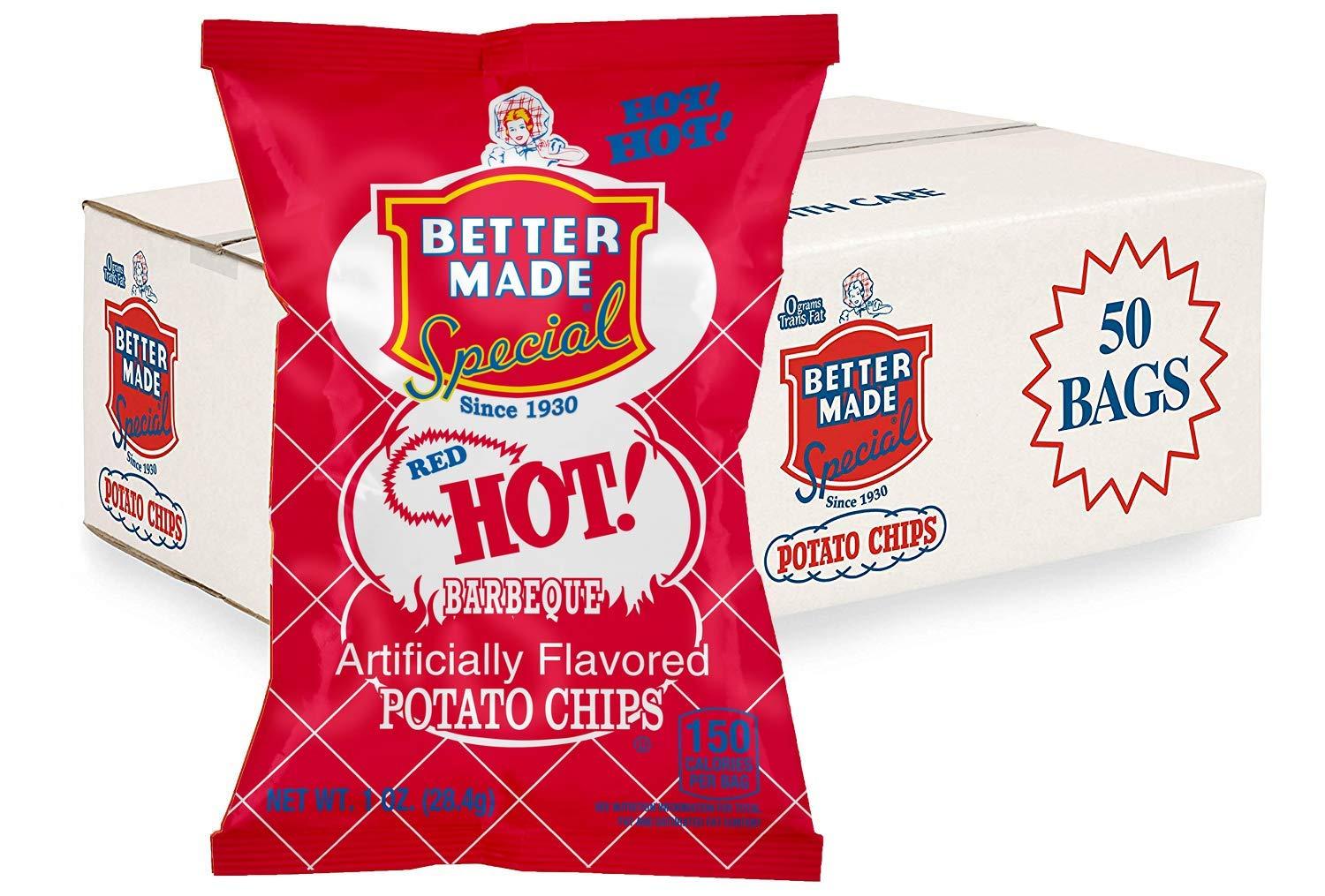 Better Made Better Made BBQ Barbecue Potato Chips - Sweet, Red Hot, Honey, Sweet Heat - Snacks - Family Owned Since & Operated (RED HOT, 50 PACK 1OZ) - Snacks, Lunch, Delicious, Spicy