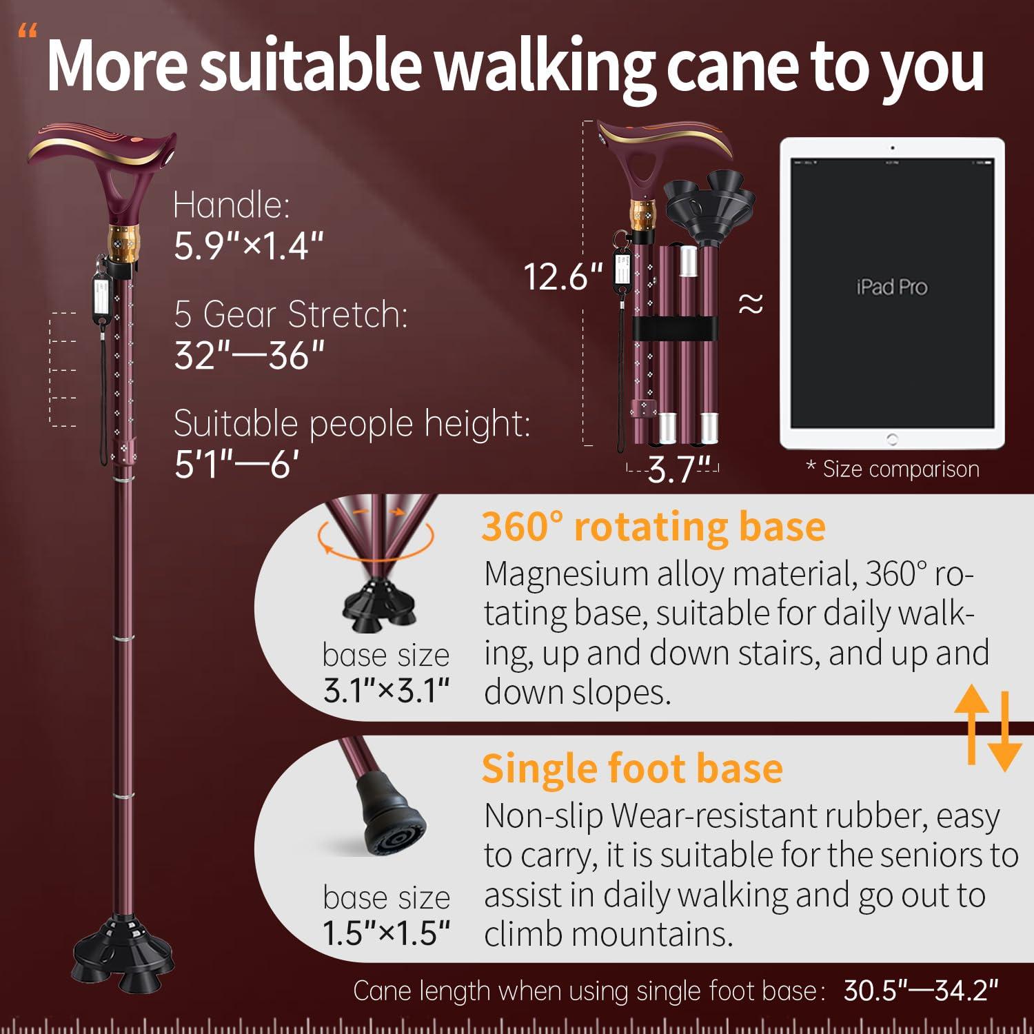 ispuoocti ispuoocti Folding Cane, Smart Alarm Foldable Cane with Light, Fashion Walking Cane for Women&Men, Adjustable Canes for Seniors, USB Direct Charging, Lightweight and Portable (Red)