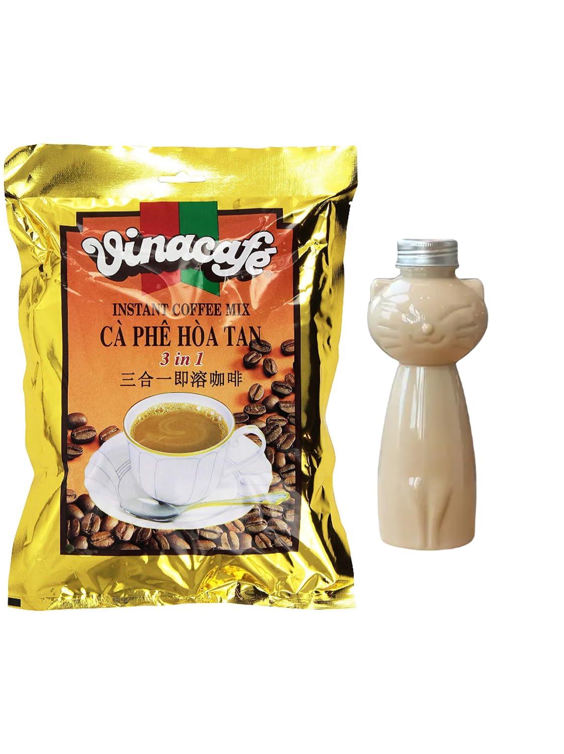 Darong Vinacafe 3 in 1 Instant Coffee Mix, 20 Sachets plus 1pc Plastic Water Bottle, Cartoon Cute Cat Design Kawaii Resuable