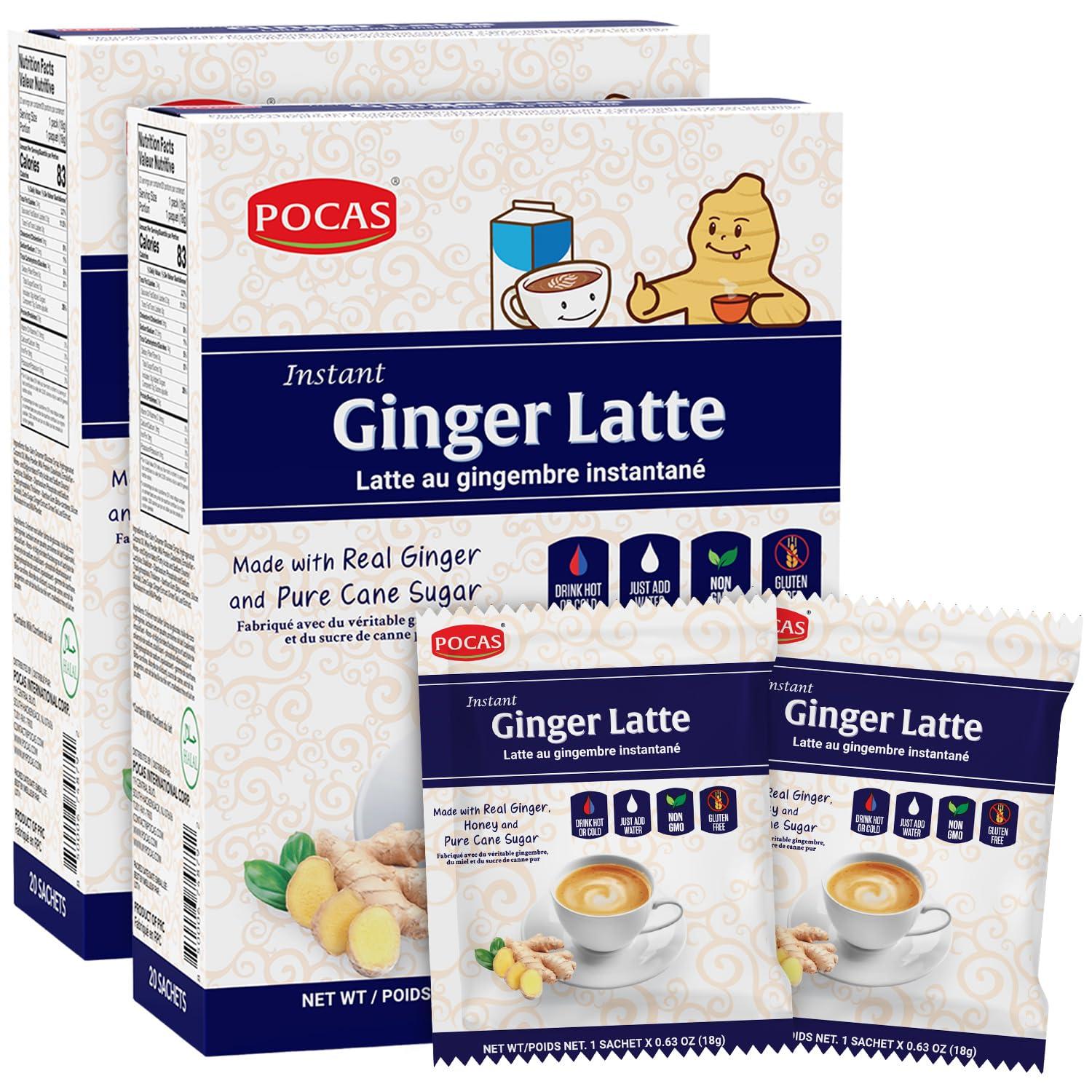 Pocas Pocas Instant Ginger Latte Tea Packets - Real Ginger Instant Tea Blended with Creamer, Green Tea, Pure Cane Sugar, and Milk for a Creamy, Zesty, Soothing Ginger Tea Instant Latte, 20 Count (Pack of 2)