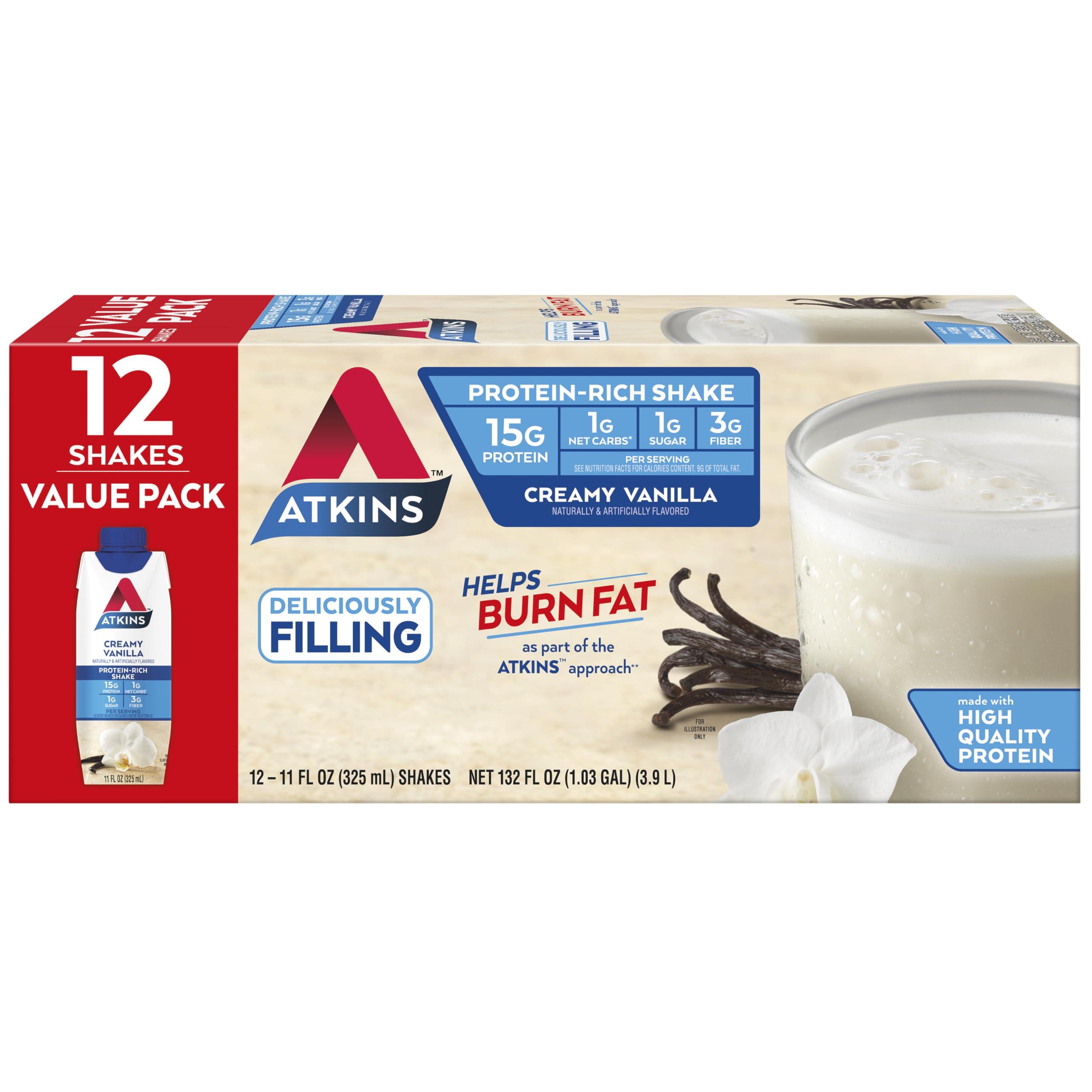 Atkins Atkins Dark Chocolate Royale Protein Shake, 15g Protein, Low Glycemic & Creamy Vanilla Protein Shake, 15g Protein, Low Glycemic, 2g Net Carb, 1g Sugar, Keto Friendly, 12 Count