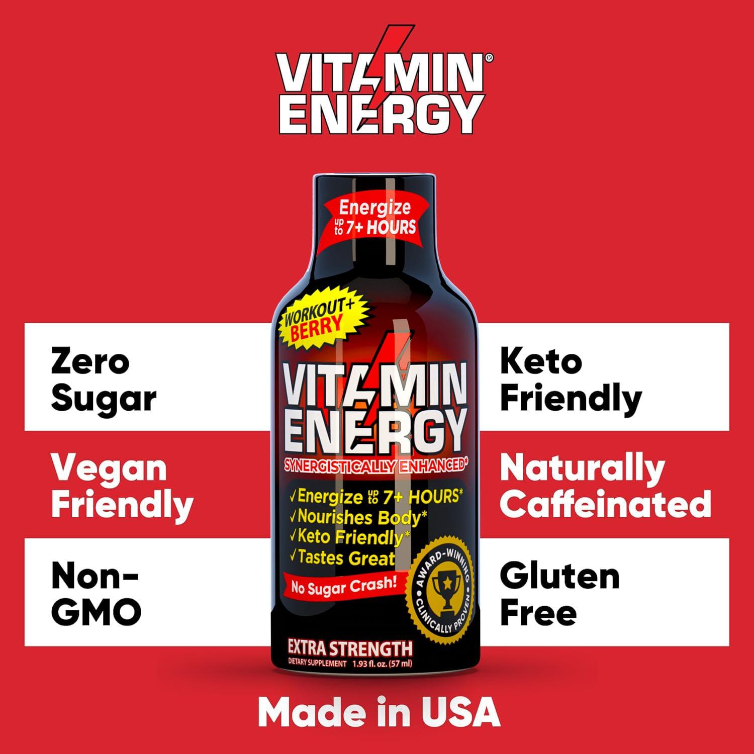Vitamin Energy Vitamin Energy Pre Workout Drink - Keto Friendly Sugar Free Shots | Natural Clean Green Tea Caffeine with Proprietary Endurance Blend | Energize up to 7+ Hours - Berry - 1.93 Fl Oz- Pack of 48