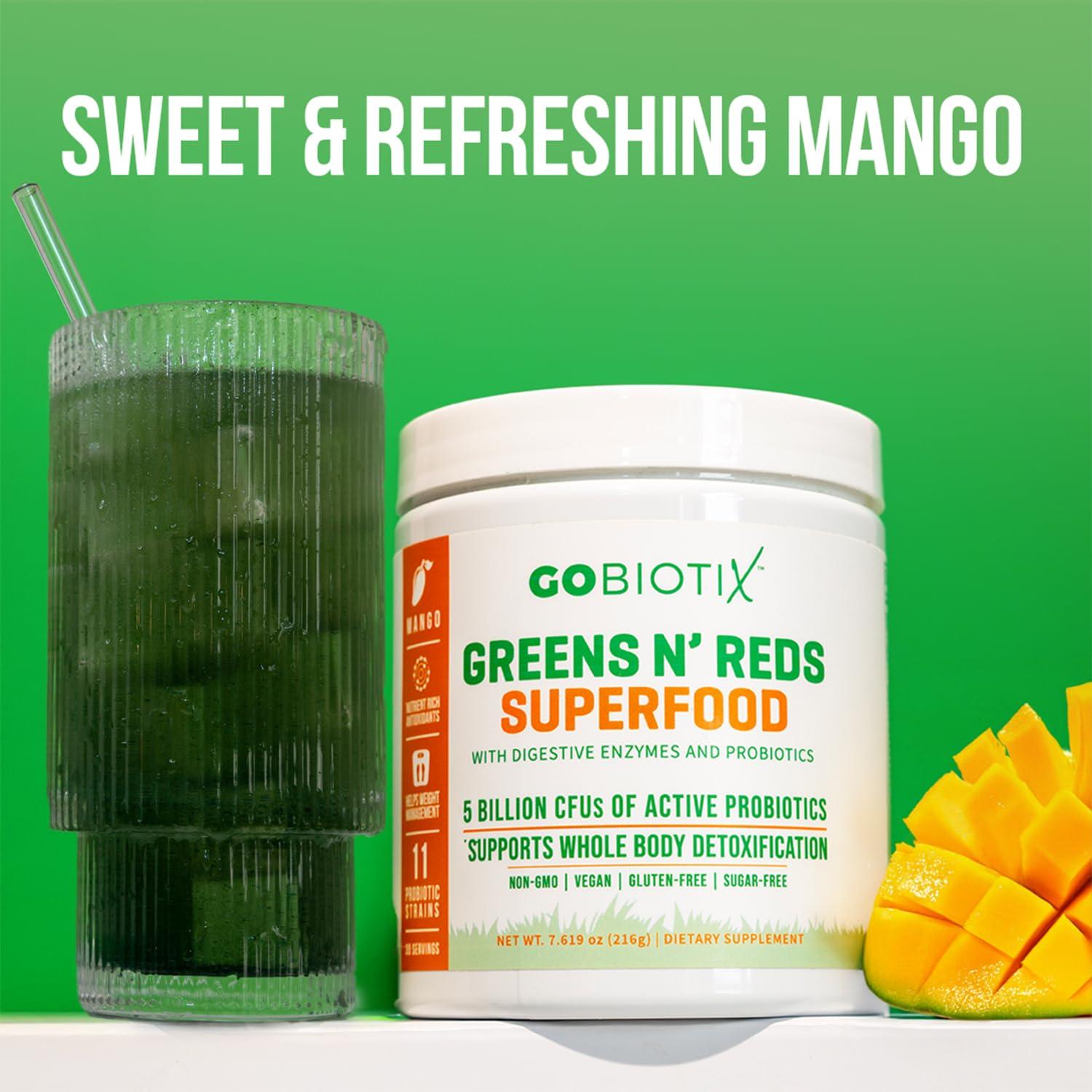 GOBIOTIX GOBIOTIX Super Greens and Reds Powder - Red and Green Superfood - Probiotic Supplement - Digestive Enzymes and Beet Root Powder - Organic Whole Foods Dietary Supplement (Mango, 1 Pack)