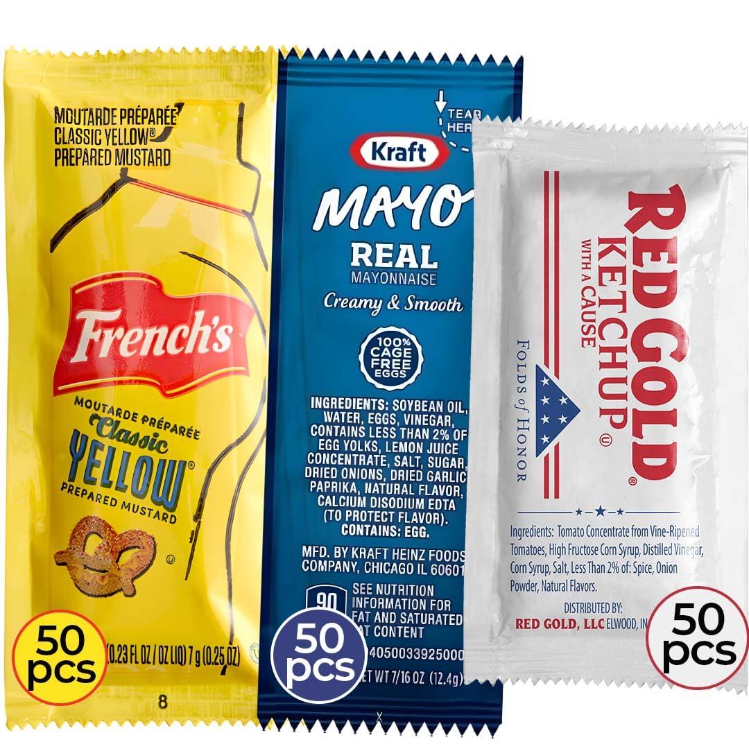Velvet Nook Individual Condiment Packets Variety Pack 150-Count - 50 Packs of Each: Ketchup Packets, Mayo Packets and Mustard Packets Single Serve - Perfect Mini Travel Condiments for BBQ, Picnic, Events