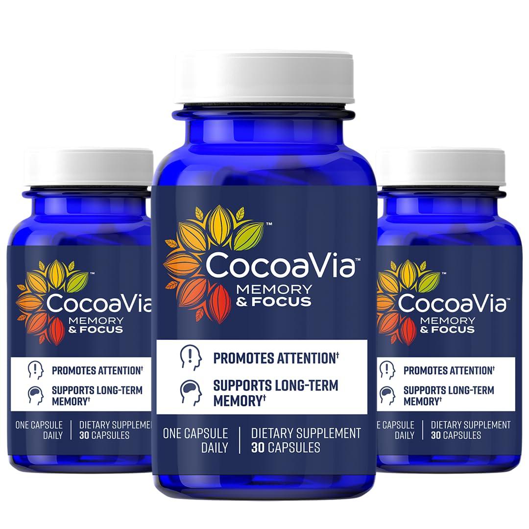 CocoaVia CocoaVia Memory & Focus Brain Supplement, 90 Day, Cocoa Flavanol Blend, Lutein, Added Caffeine for Boost. Improve Cognitive Function, Attention, Vegan & Plant Based, 90 Capsules