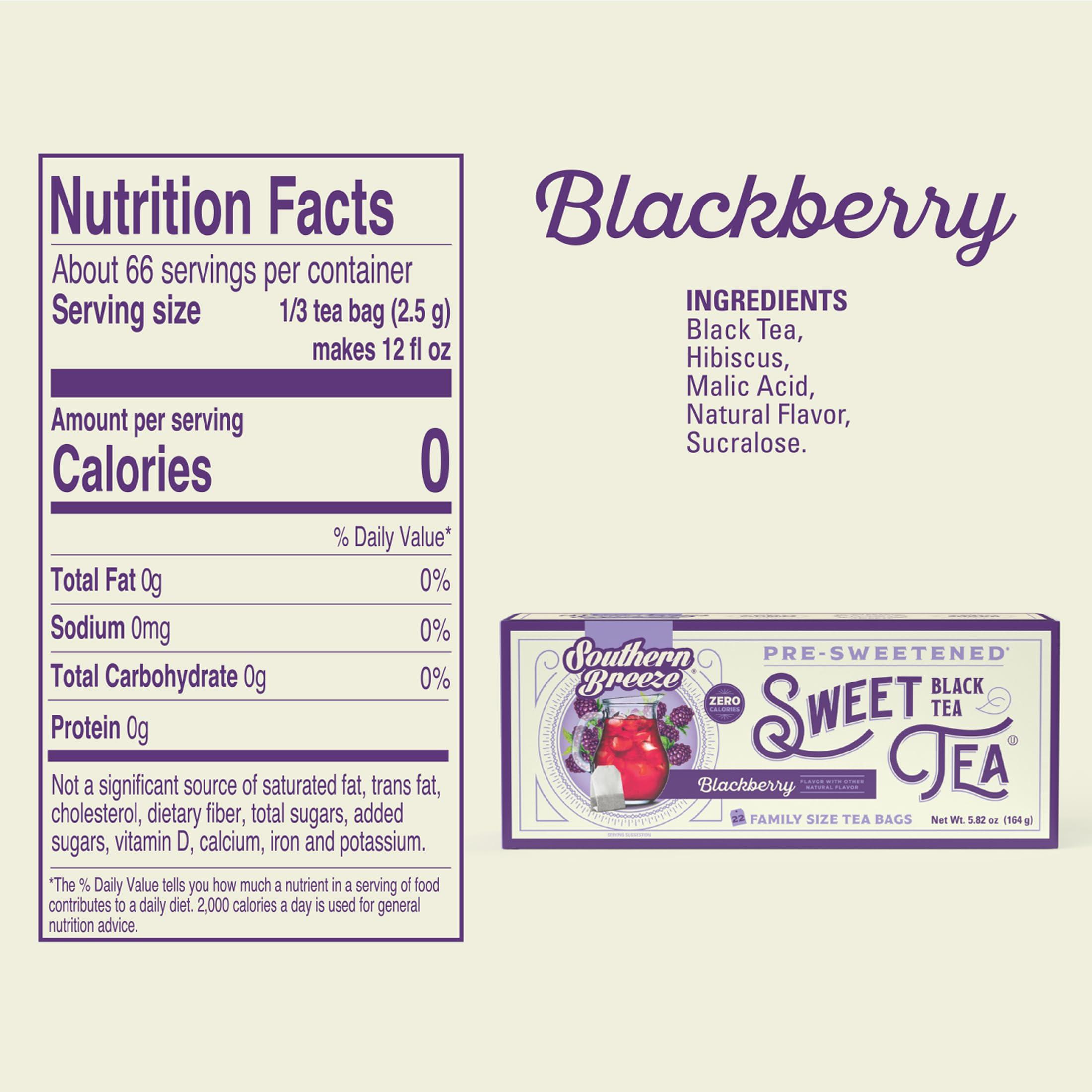 Southern Breeze Southern Breeze Hot Brew Sweet Tea Blackberry Iced Tea with Black Tea and Zero Carbs Zero Sugar, 22 Individually Wrapped Family Size Tea Bags, Pack of 6