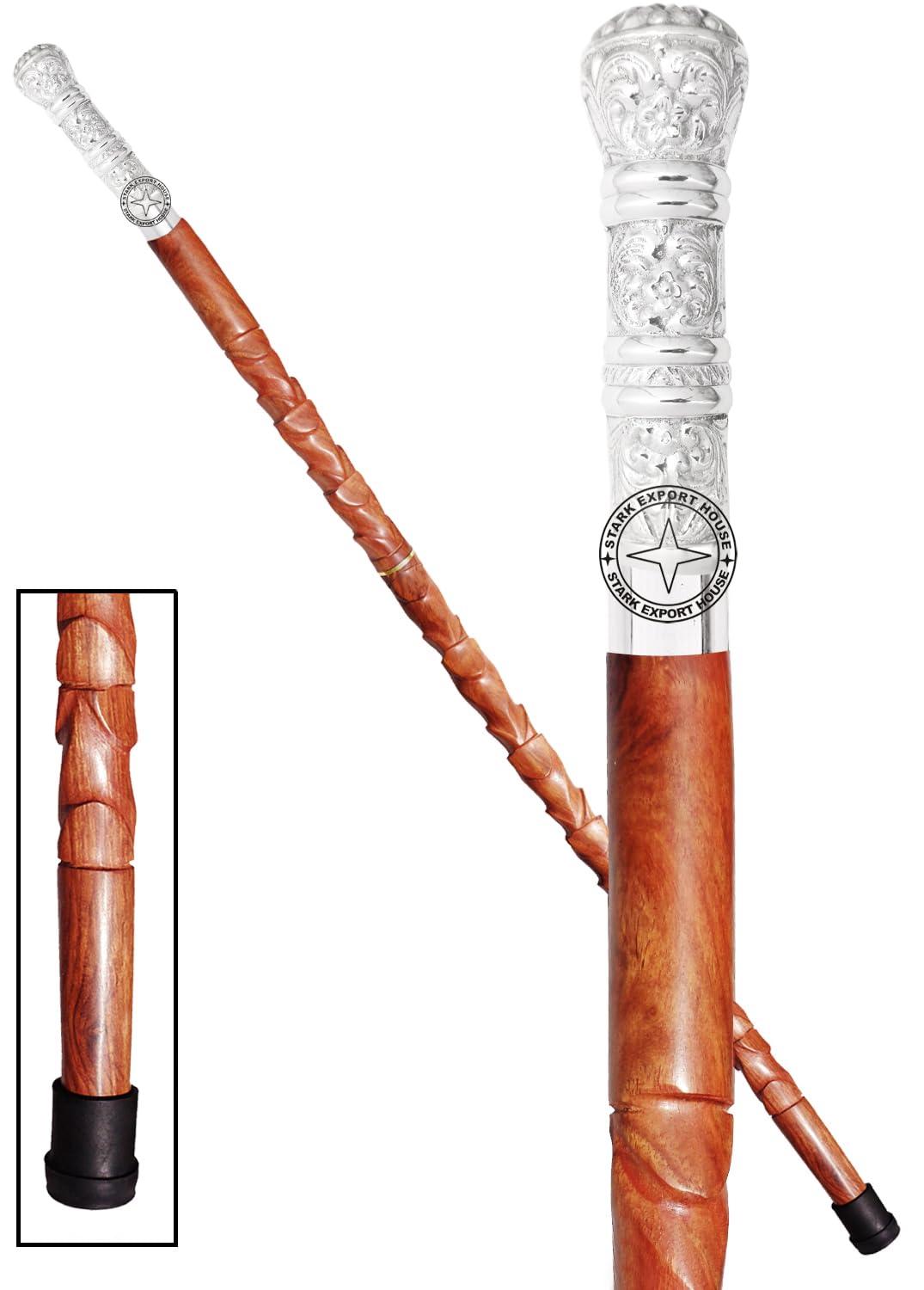 SUNRISE GIFT STORE Nickel Silver Nautical Designer Walking Stick Men & Women Canes and Wooden 37 inch Handle Natural Wood Rosewood Stick Best for Gift DVjL